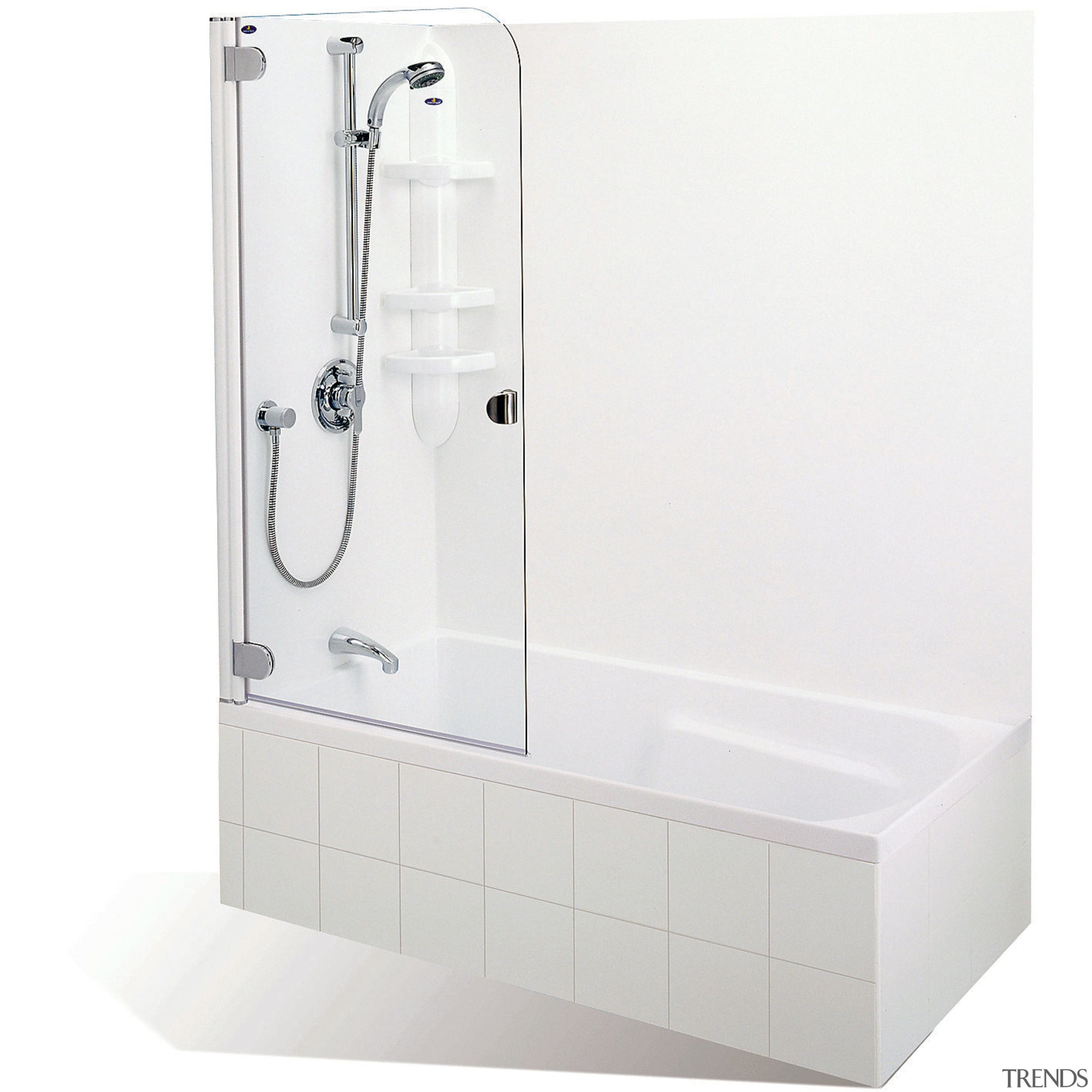 Shower over white bath with shower mixer. - angle, bathroom sink, plumbing fixture, product, product design, tap, white