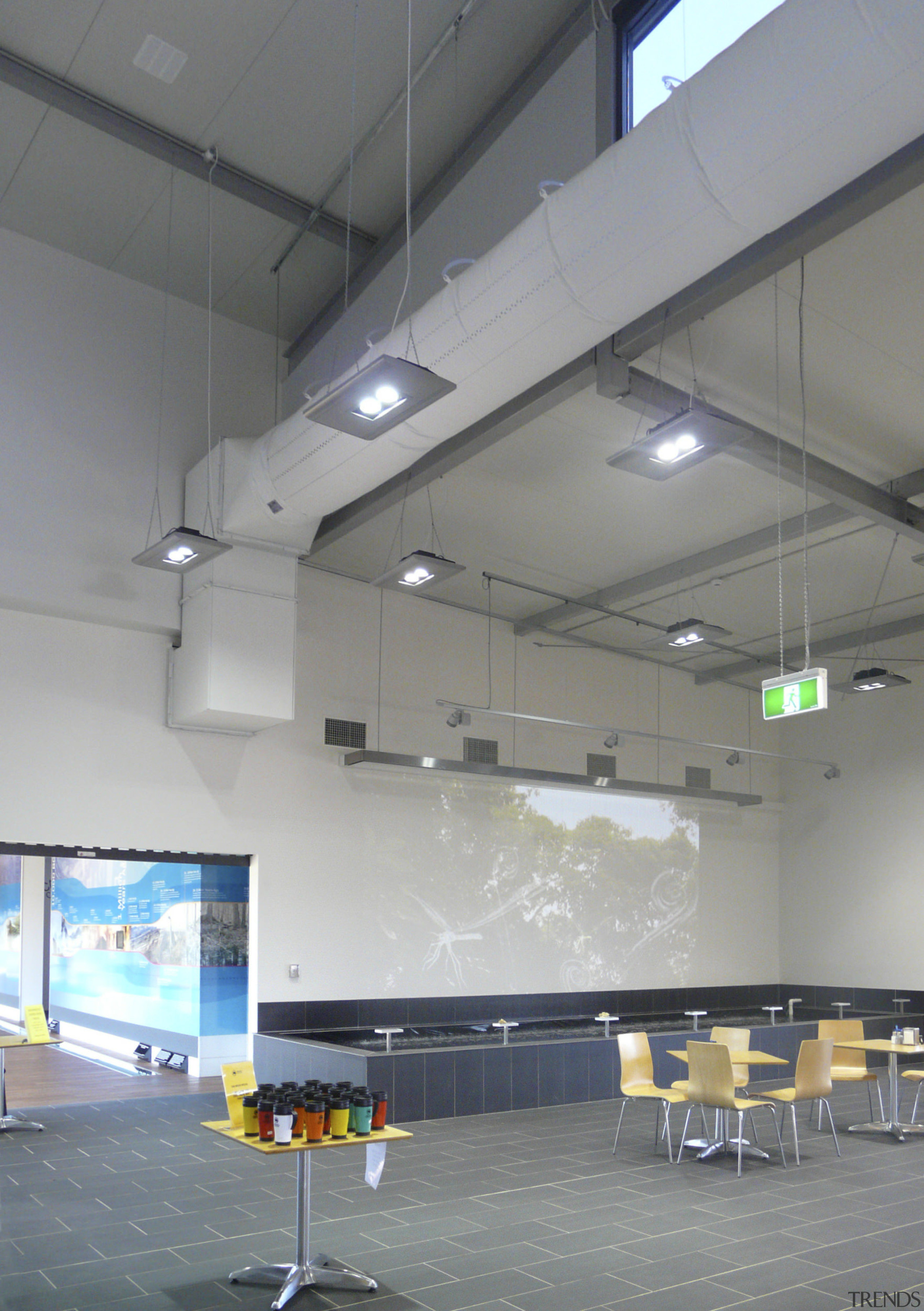 Interior view of offices which features custom-manufactured DuctSox architecture, ceiling, daylighting, glass, interior design, lighting, structure, gray