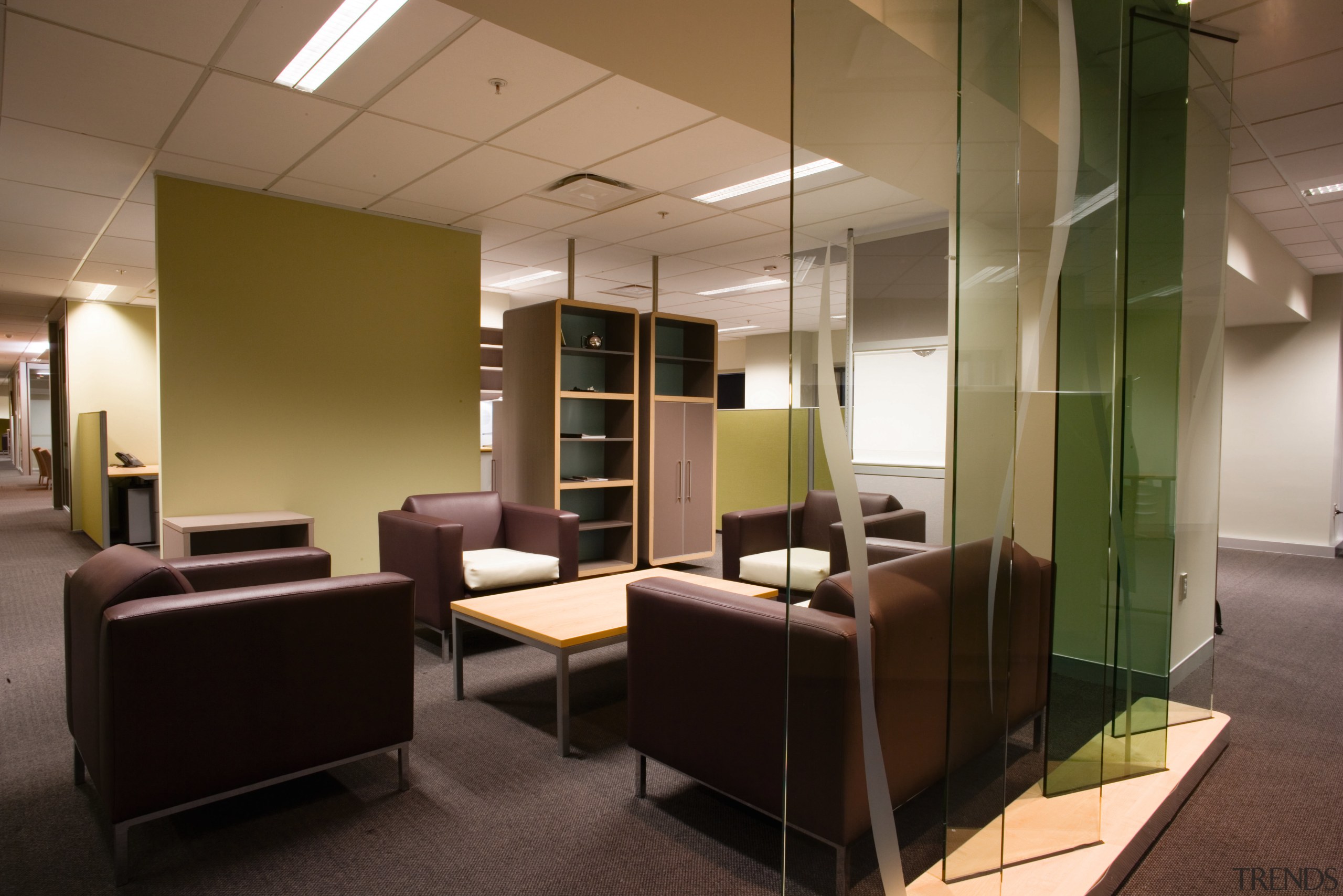 A view of some office furniture. - A ceiling, interior design, lobby, office, brown, black