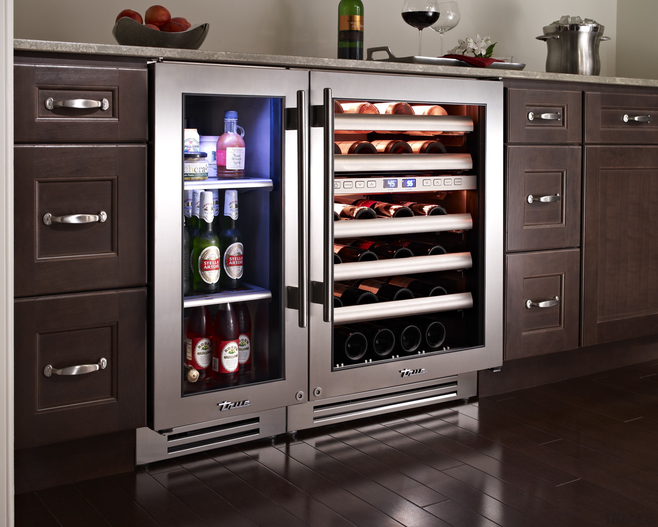 Wine refrigerator from the True Professional Series, a home appliance, kitchen, kitchen appliance, major appliance, refrigerator, black