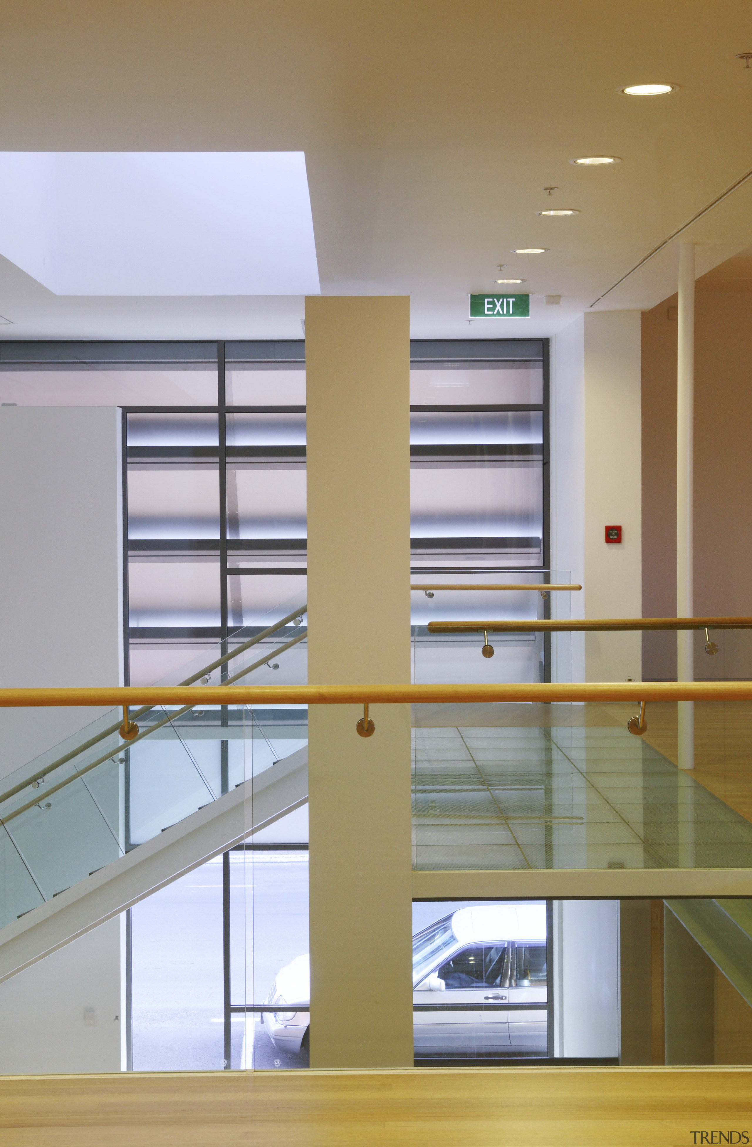 The aluminum panels - as viewed from the architecture, ceiling, daylighting, floor, glass, interior design, window, gray, brown