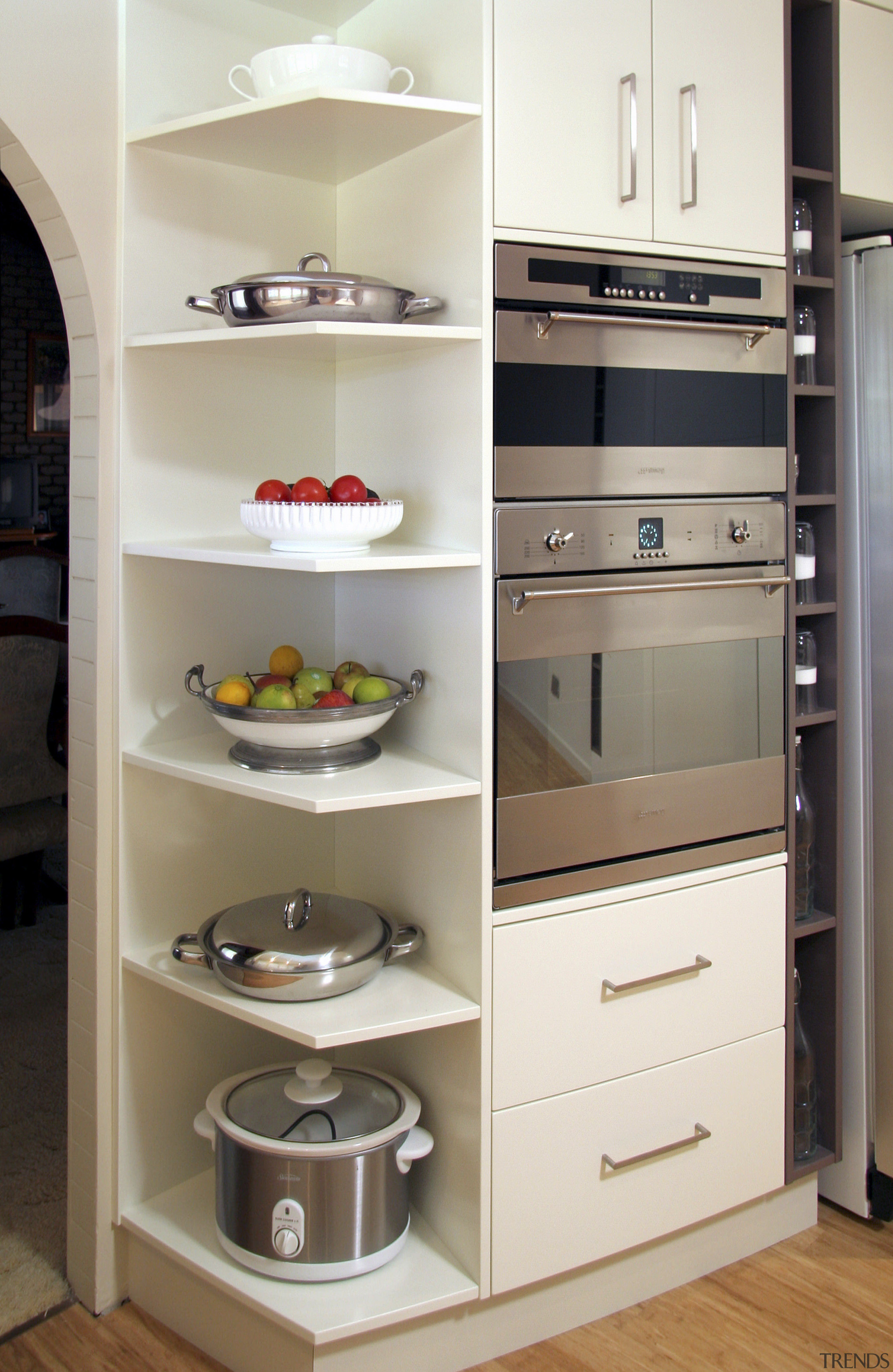 Image of Smeg appliances used in kitchen which cabinetry, closet, countertop, furniture, kitchen, room, shelf, shelving, gray