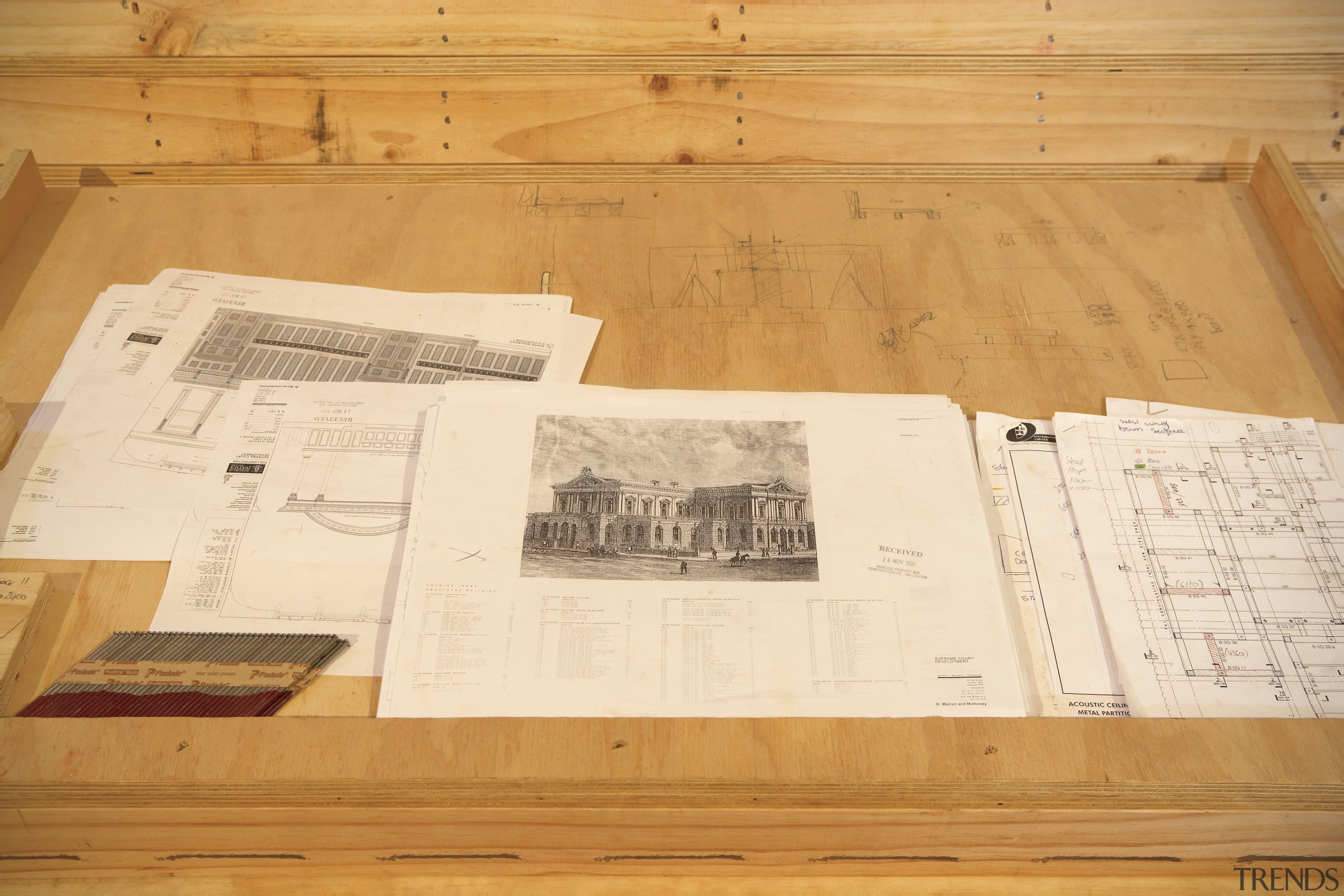 Original plans and sketches of the High Court floor, flooring, material, plywood, wood, wood stain, orange