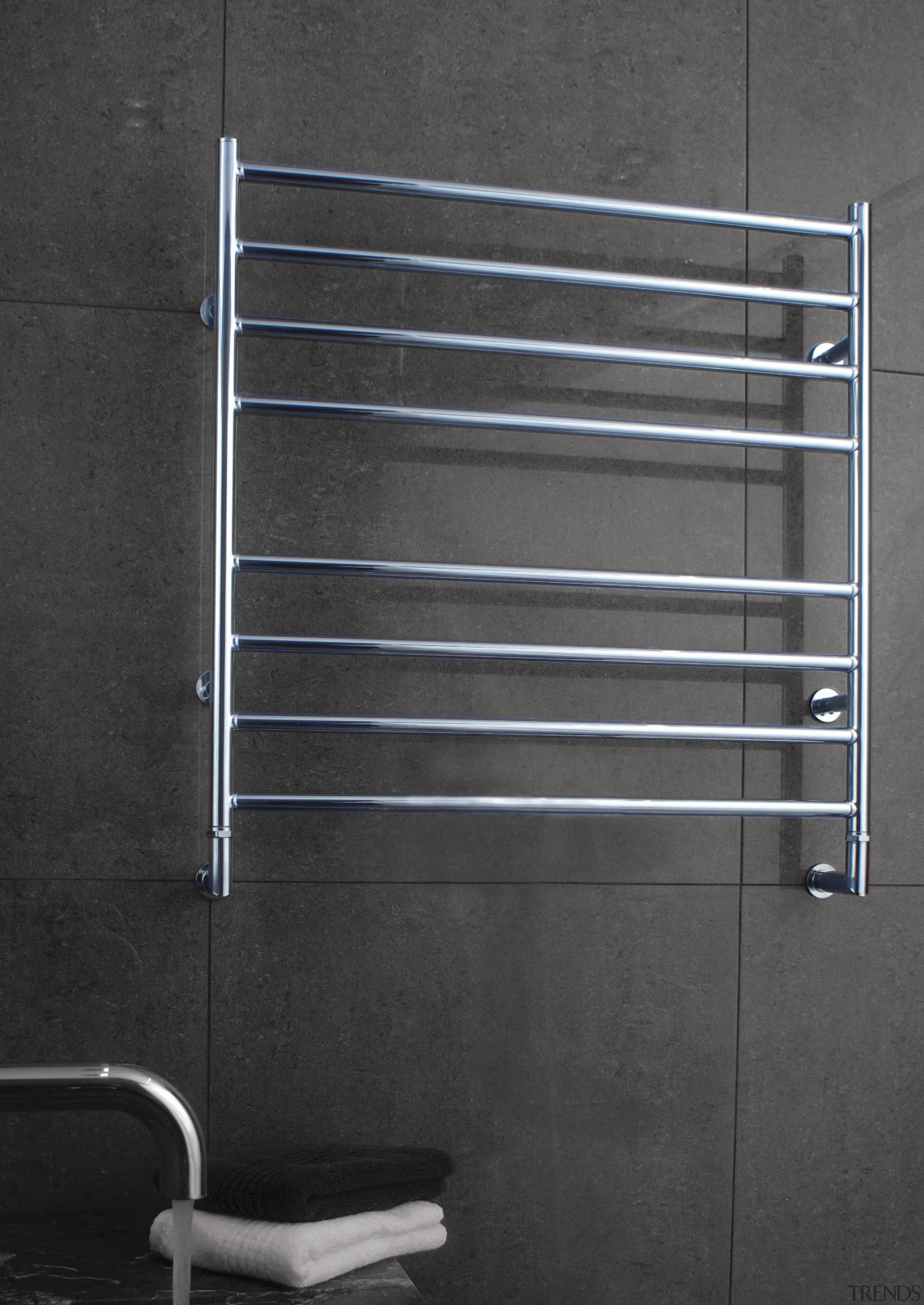 Image of a heated towel rail available from black and white, handrail, line, metal, product design, steel, wall, black, gray