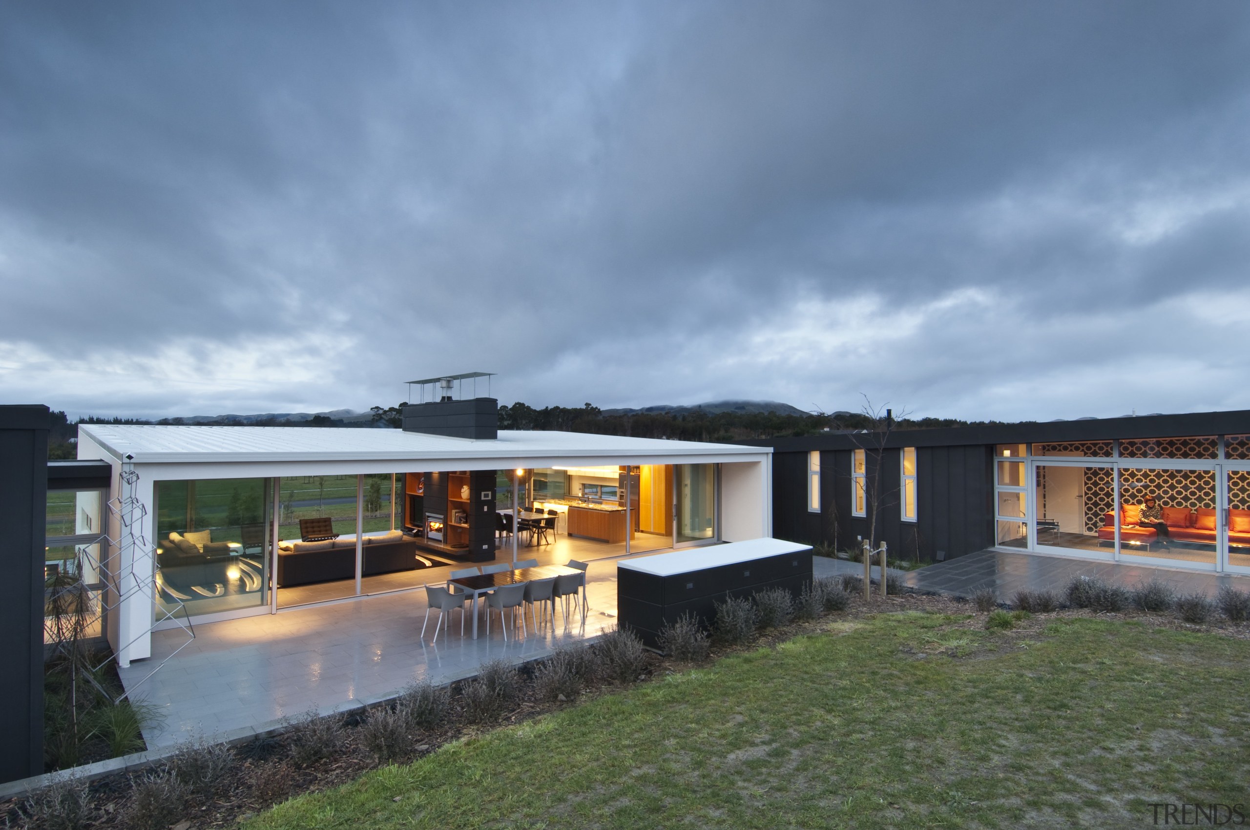 View of contemporary bach with terrace, sheltered courtyard architecture, estate, facade, home, house, property, real estate, sky, teal