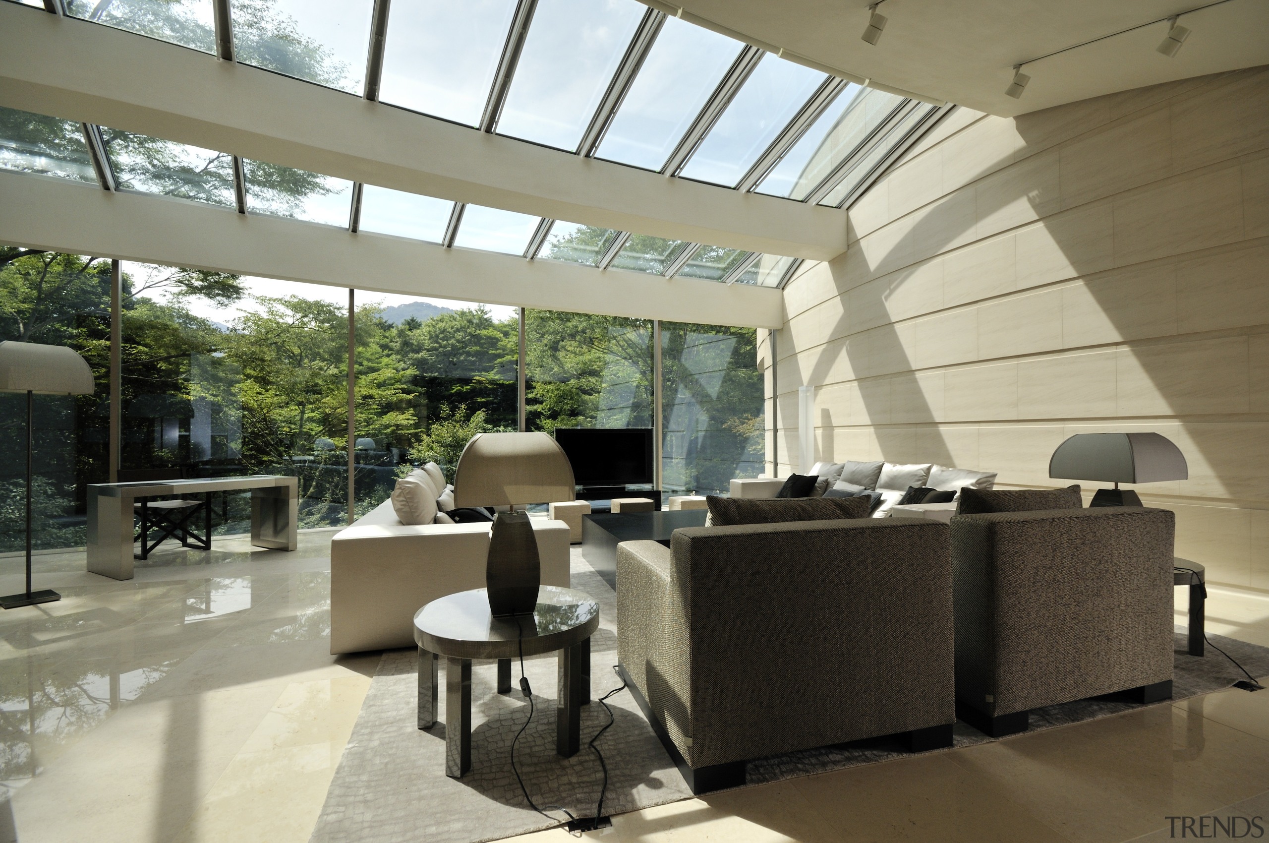 View of the living area with sofas, TV, architecture, ceiling, daylighting, house, interior design, living room, lobby, window, gray