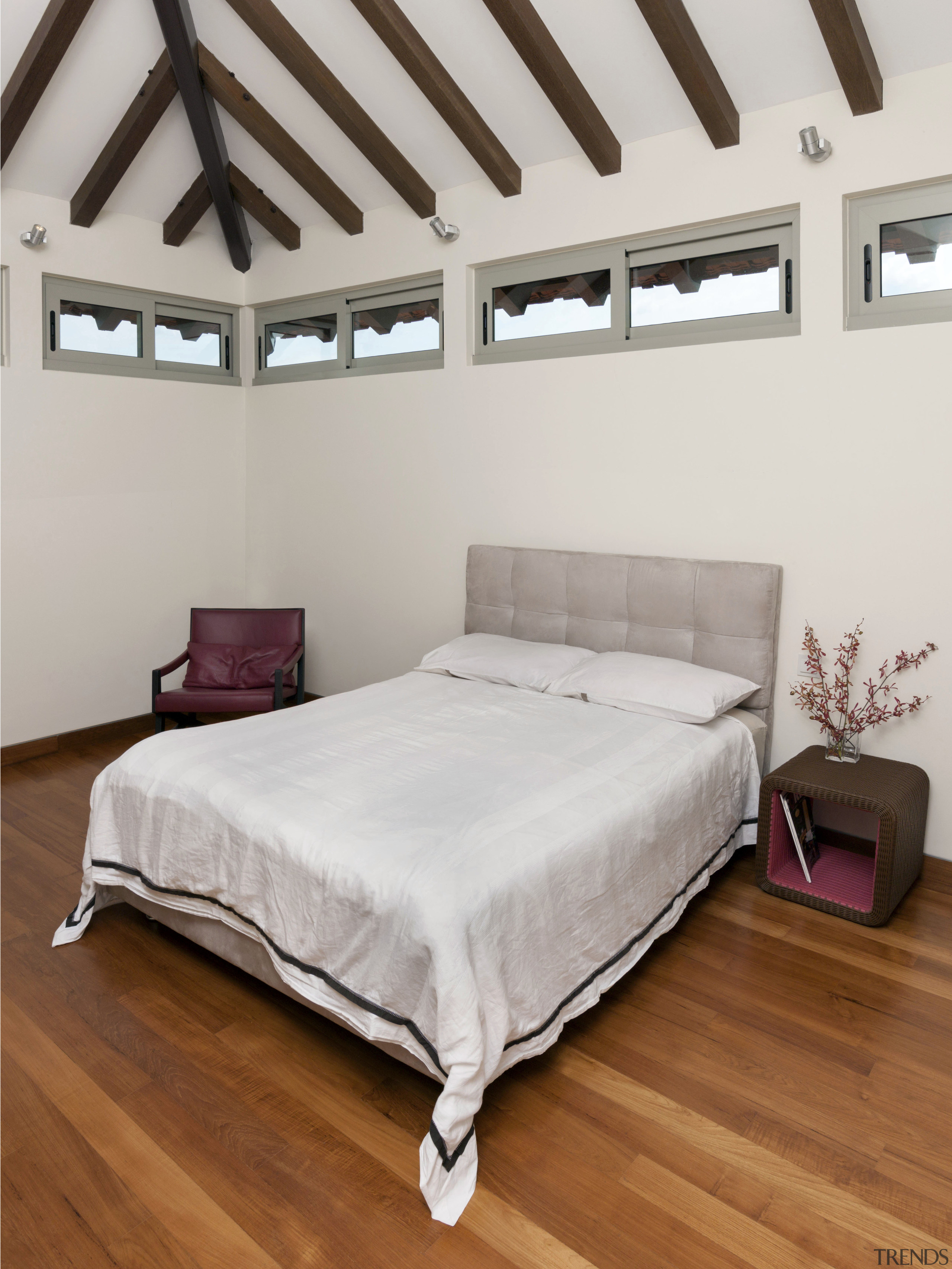 Contemporary tropical asia bedroom - Contemporary tropical asia bed, bed frame, bed sheet, bedroom, ceiling, floor, furniture, home, mattress, real estate, wood, gray, brown