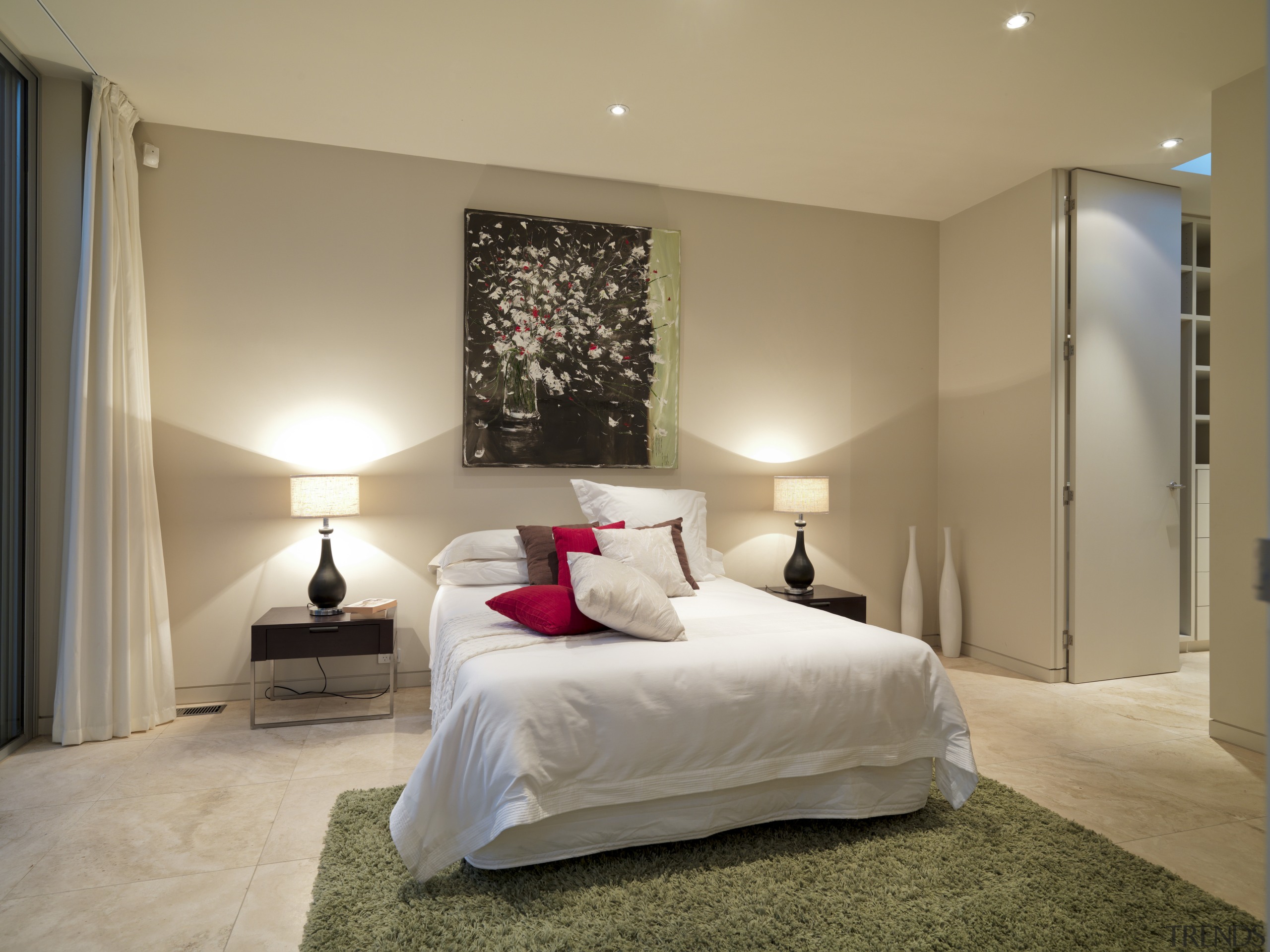 View of master bedroom which features travertine marble bed, bed frame, bedroom, ceiling, estate, floor, home, interior design, lighting, property, real estate, room, suite, wall, brown, gray