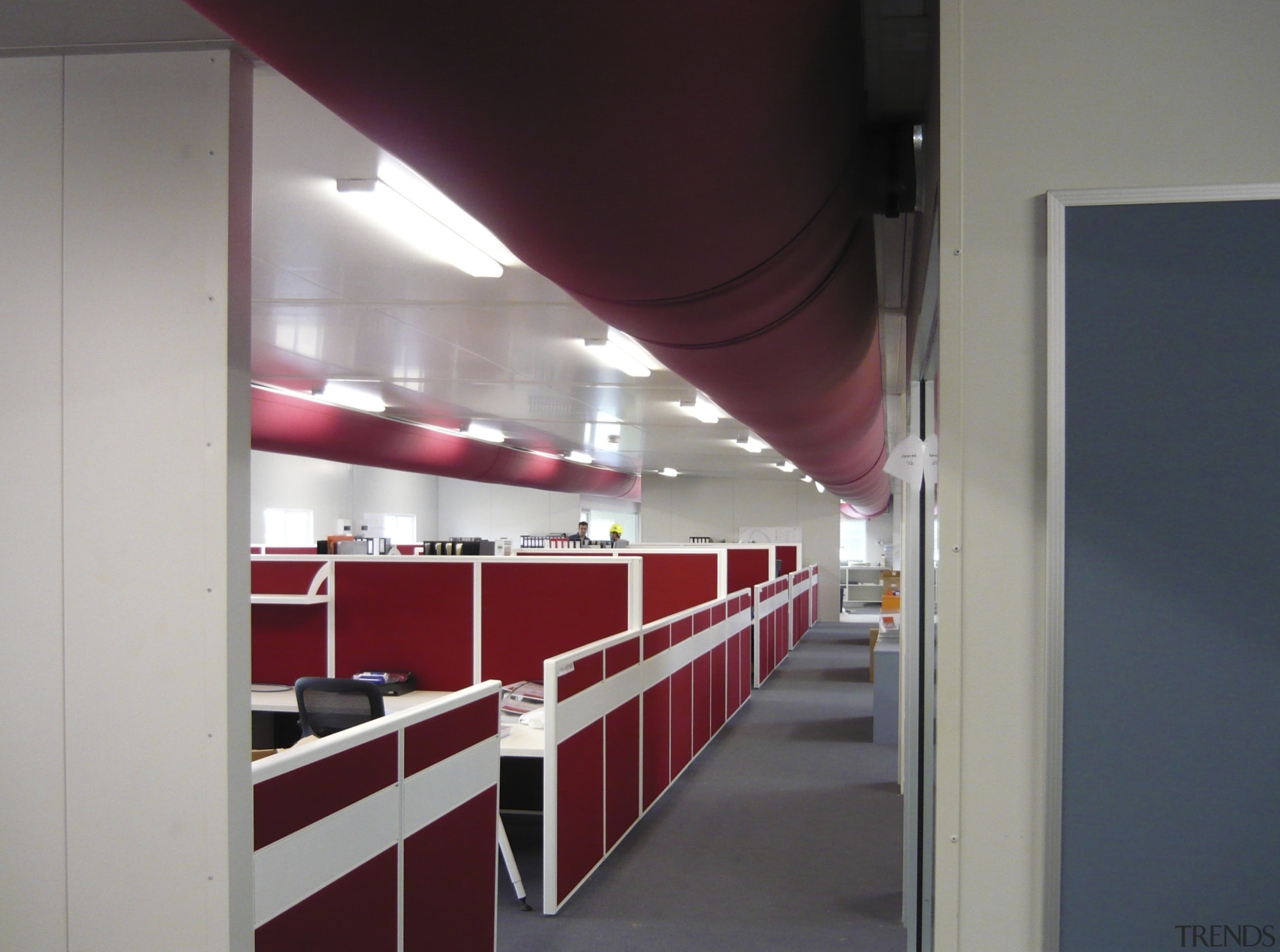 Interior view of offices which features custom-manufactured DuctSox ceiling, interior design, gray