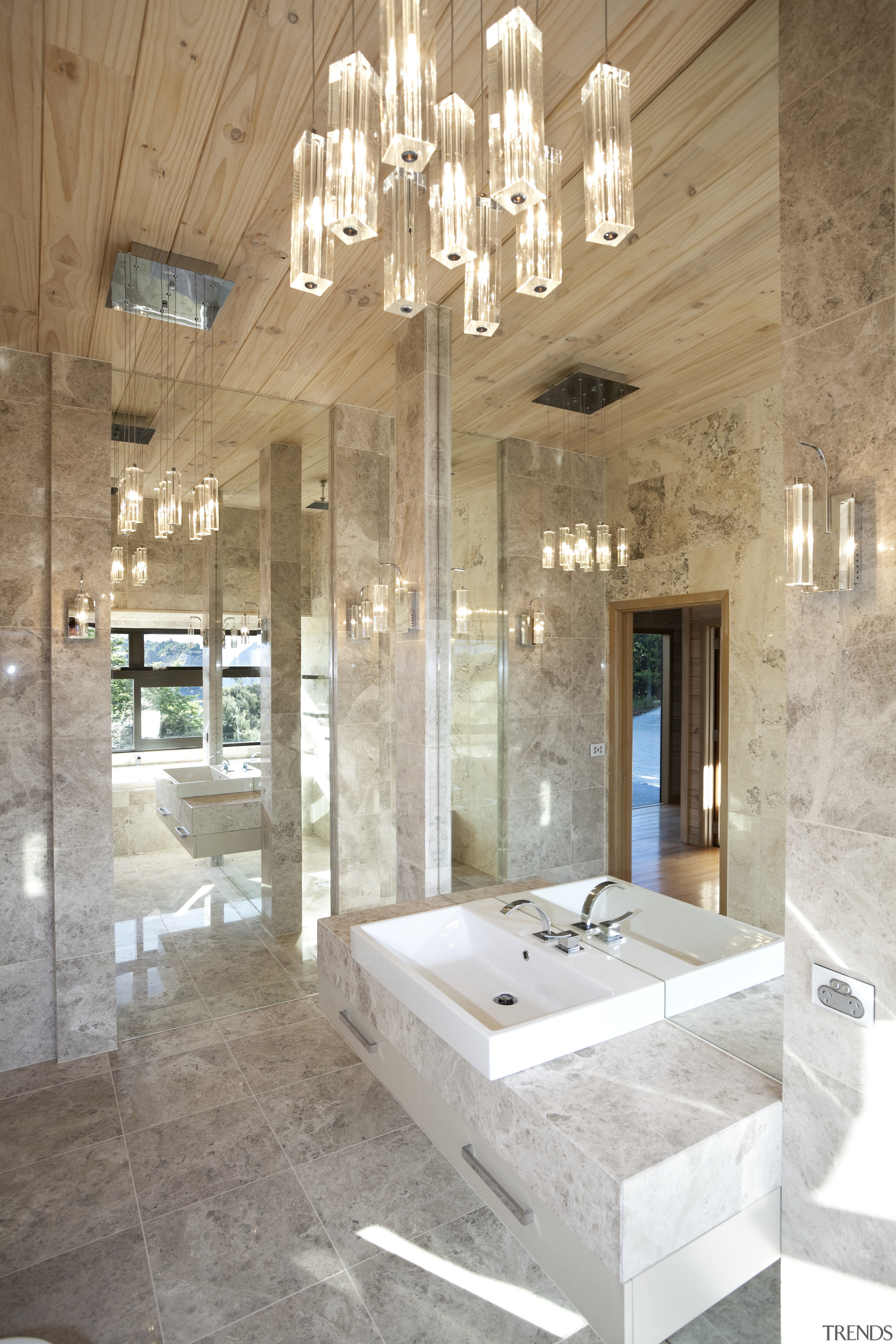 In this new bathroom, translucent light fittings pick architecture, bathroom, ceiling, daylighting, estate, floor, home, interior design, tile, white