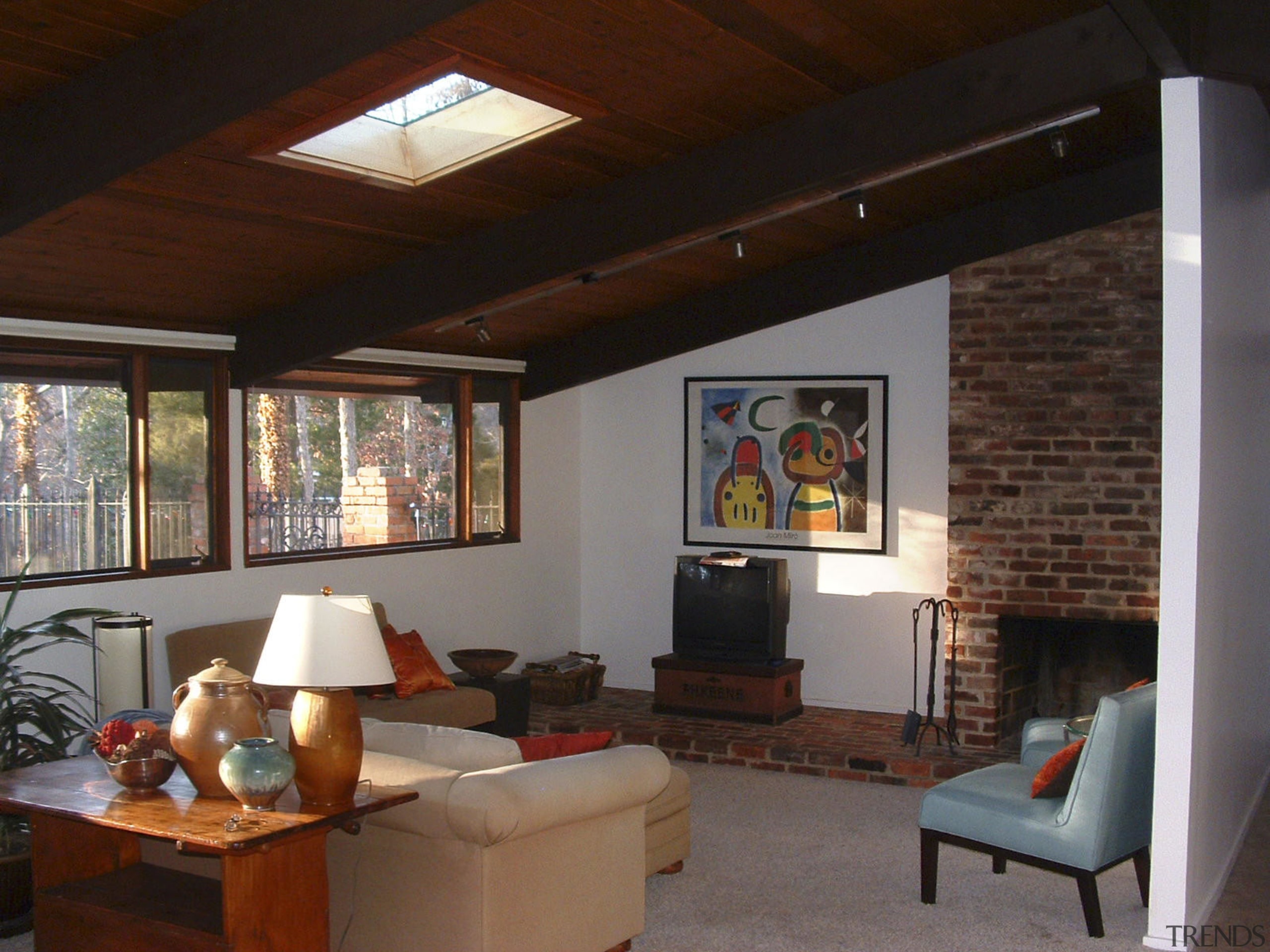 Post and beam house living area before renovation ceiling, daylighting, home, house, interior design, living room, loft, property, real estate, room, window, wood, black, gray