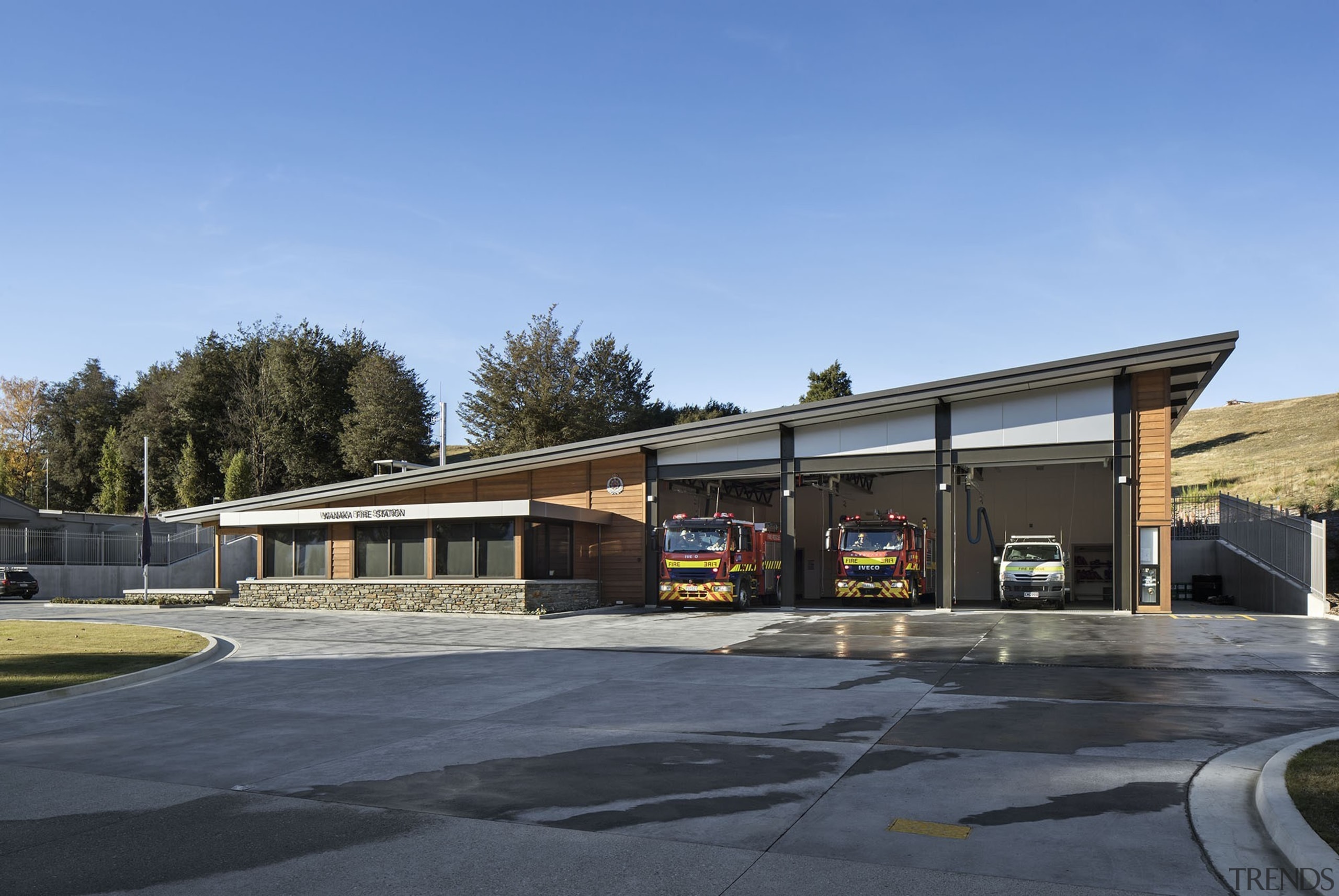 Wanaka Fire Station - Mason &amp; Wales - architecture, asphalt, building, house, luxury vehicle, real estate, residential area, sky, teal, gray