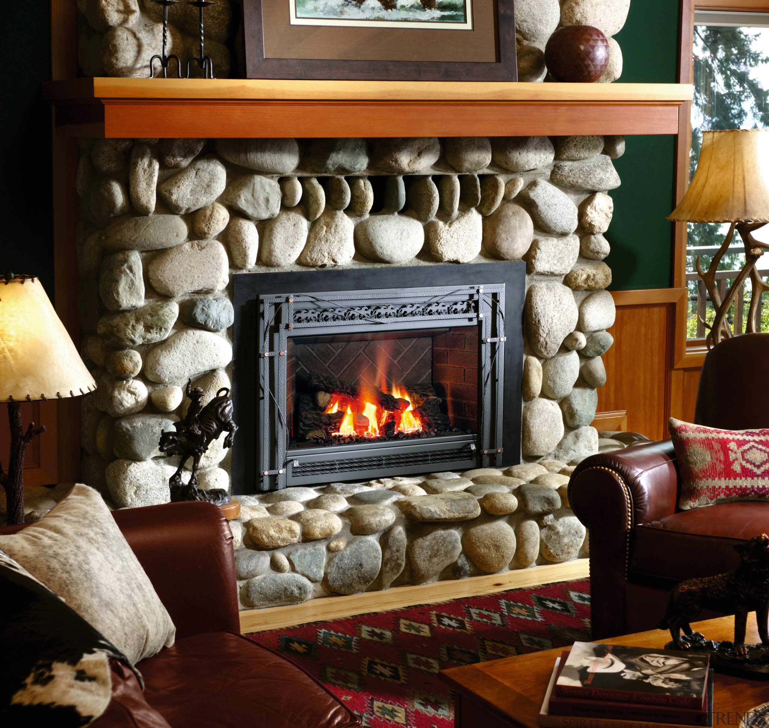 View of the stone fireplace from Travis Industries fireplace, hearth, home, interior design, living room, wood burning stove, brown