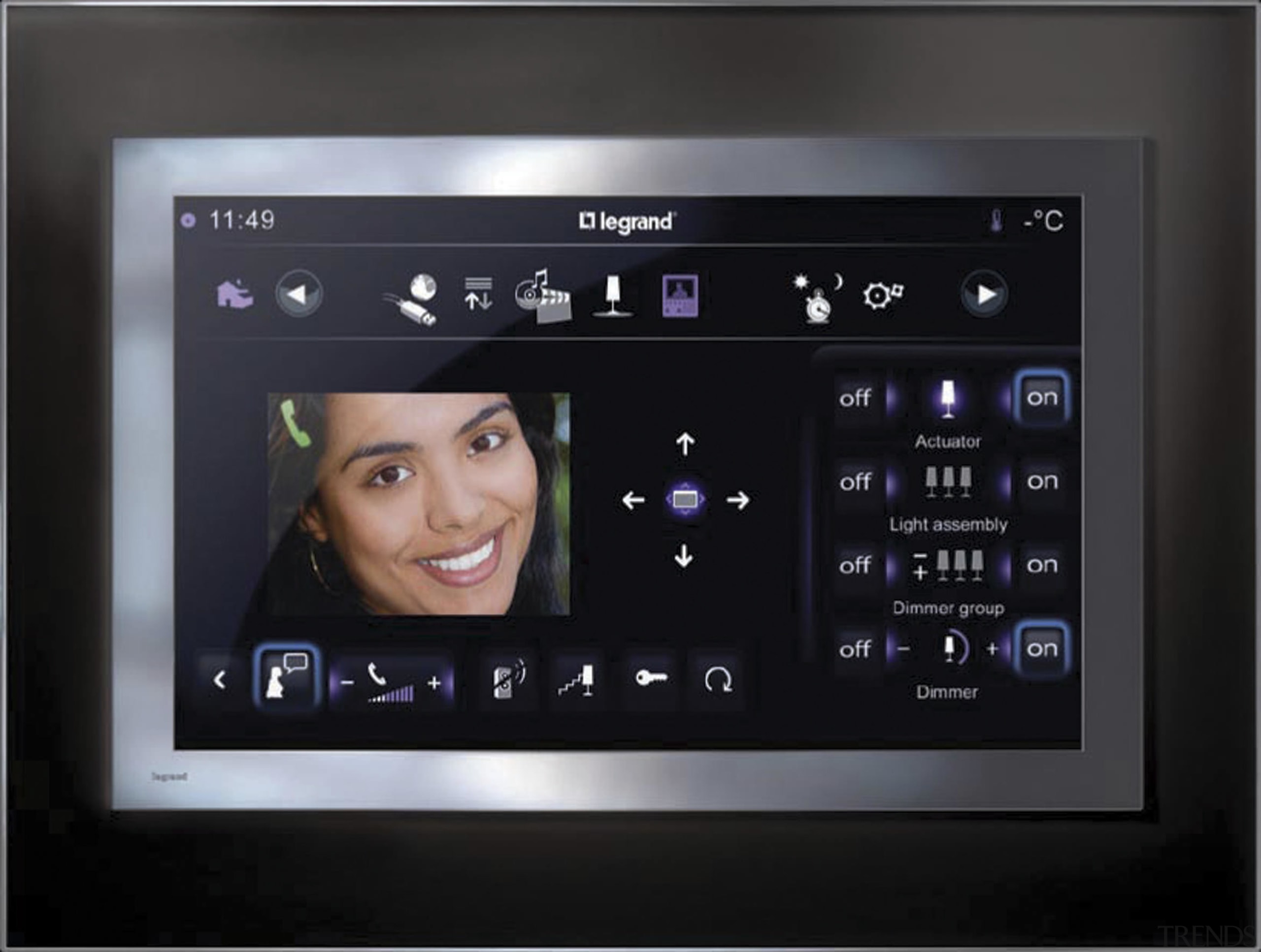 View of home automation system showing functions and display device, electronic device, electronics, gadget, media, multimedia, technology, black