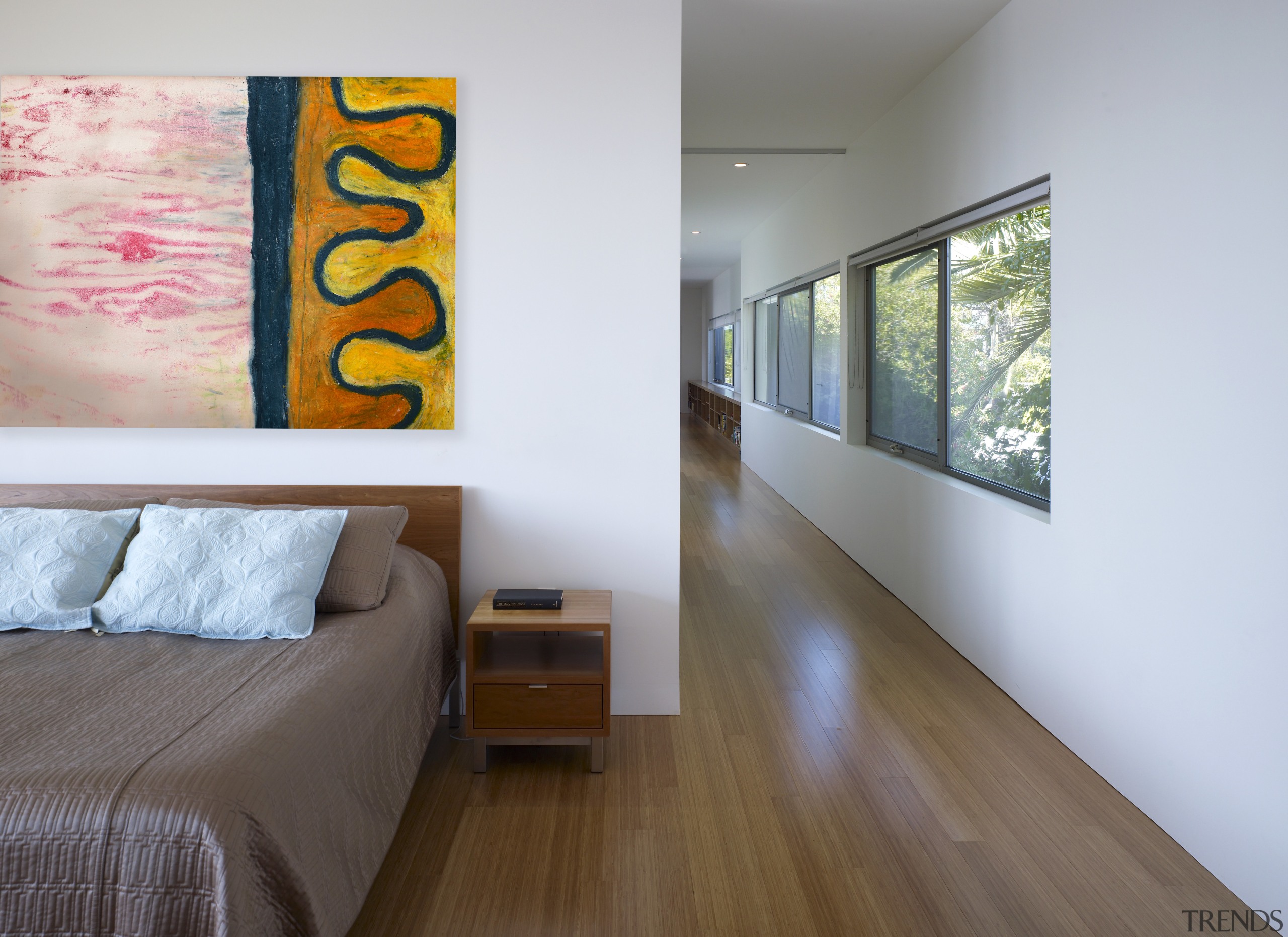 Long decks and corridors are a feature of ceiling, floor, home, house, interior design, modern art, real estate, room, wall, wood, white, gray