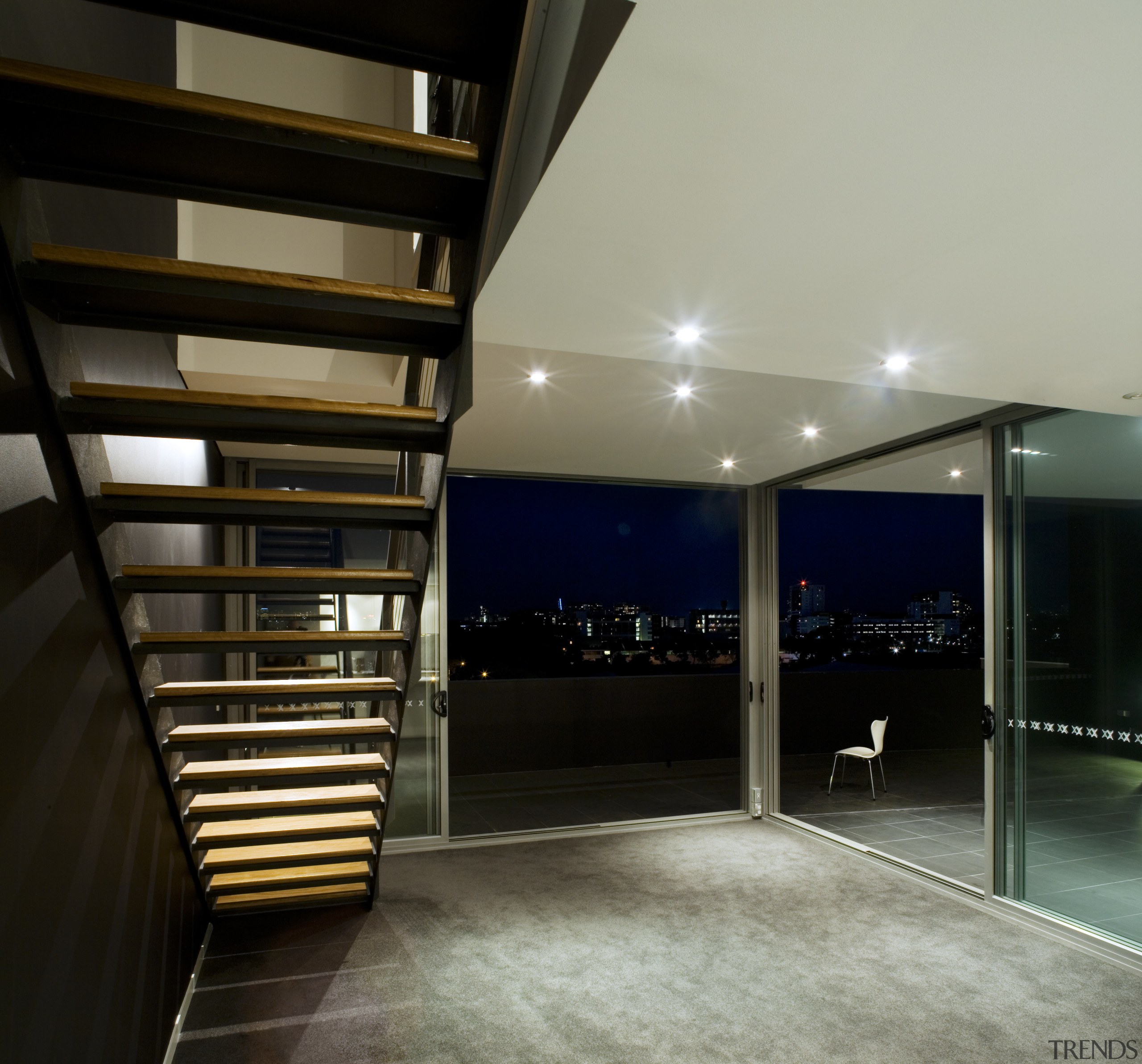 Interior view of a stairway inside one of apartment, architecture, ceiling, house, interior design, lobby, black, gray