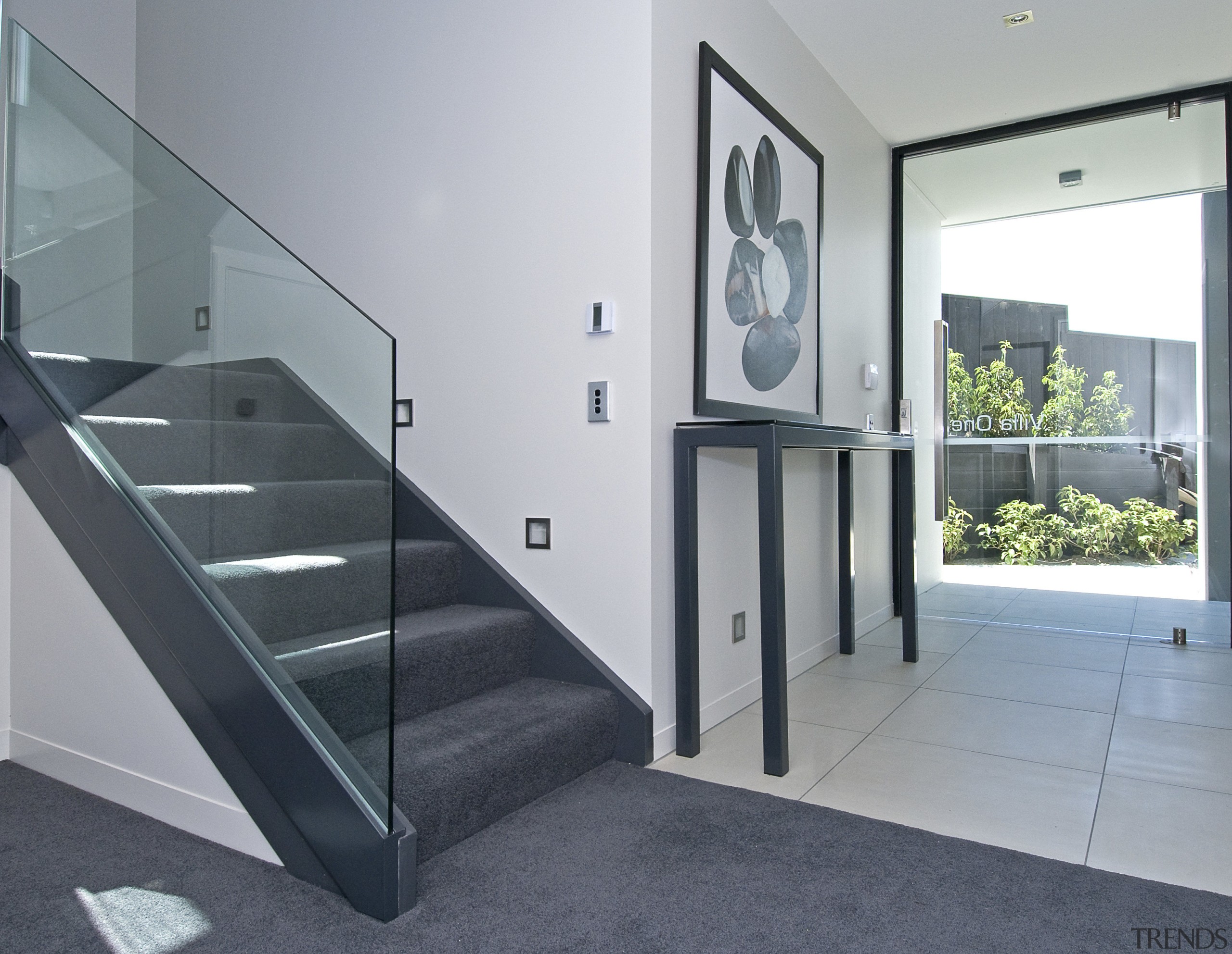 The Moorings in Taupo by Haimes Building. Stairway architecture, door, floor, glass, handrail, house, interior design, property, real estate, stairs, gray