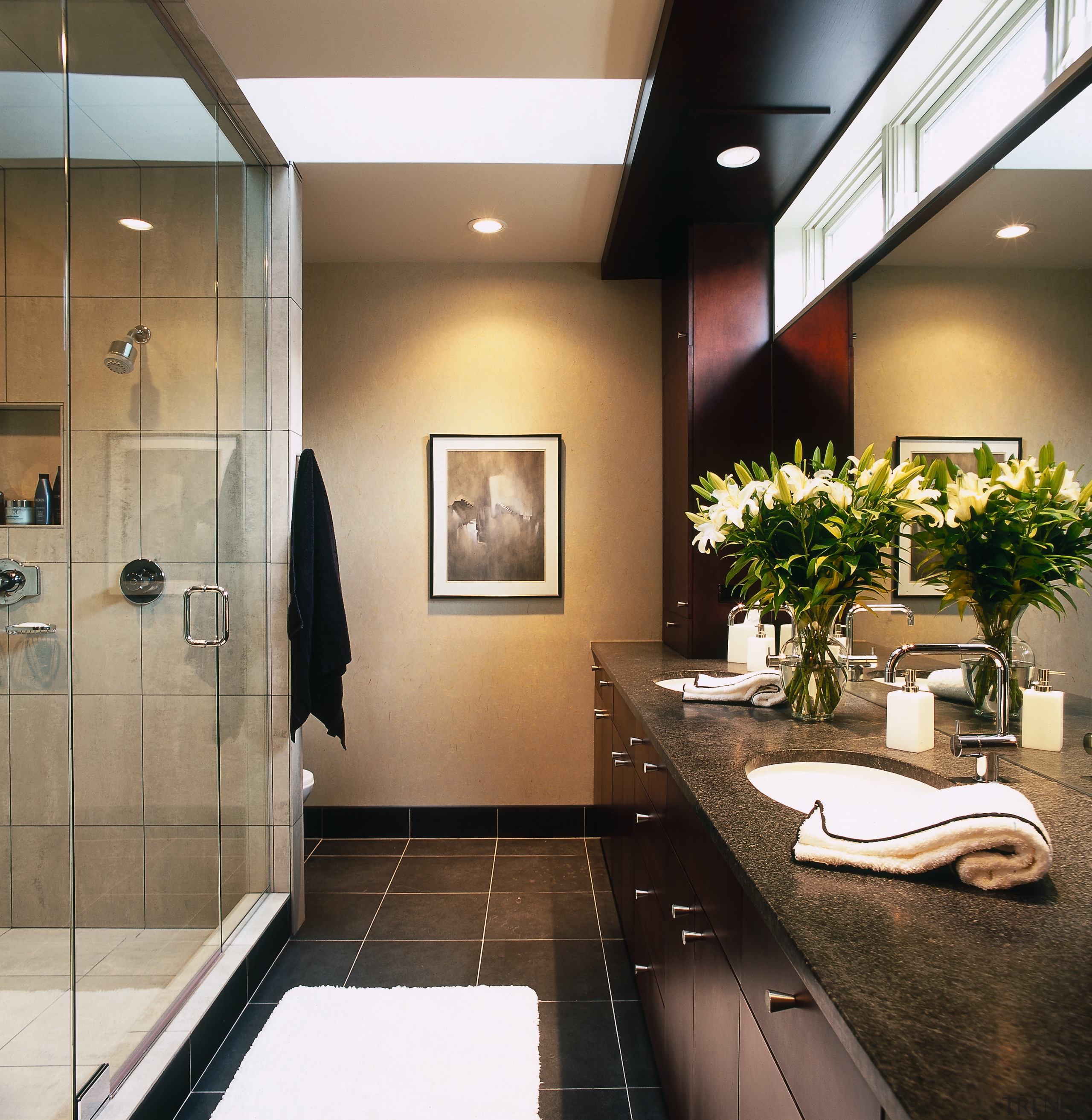 A view of the master bathroom, brown stone bathroom, ceiling, interior design, lobby, room, brown