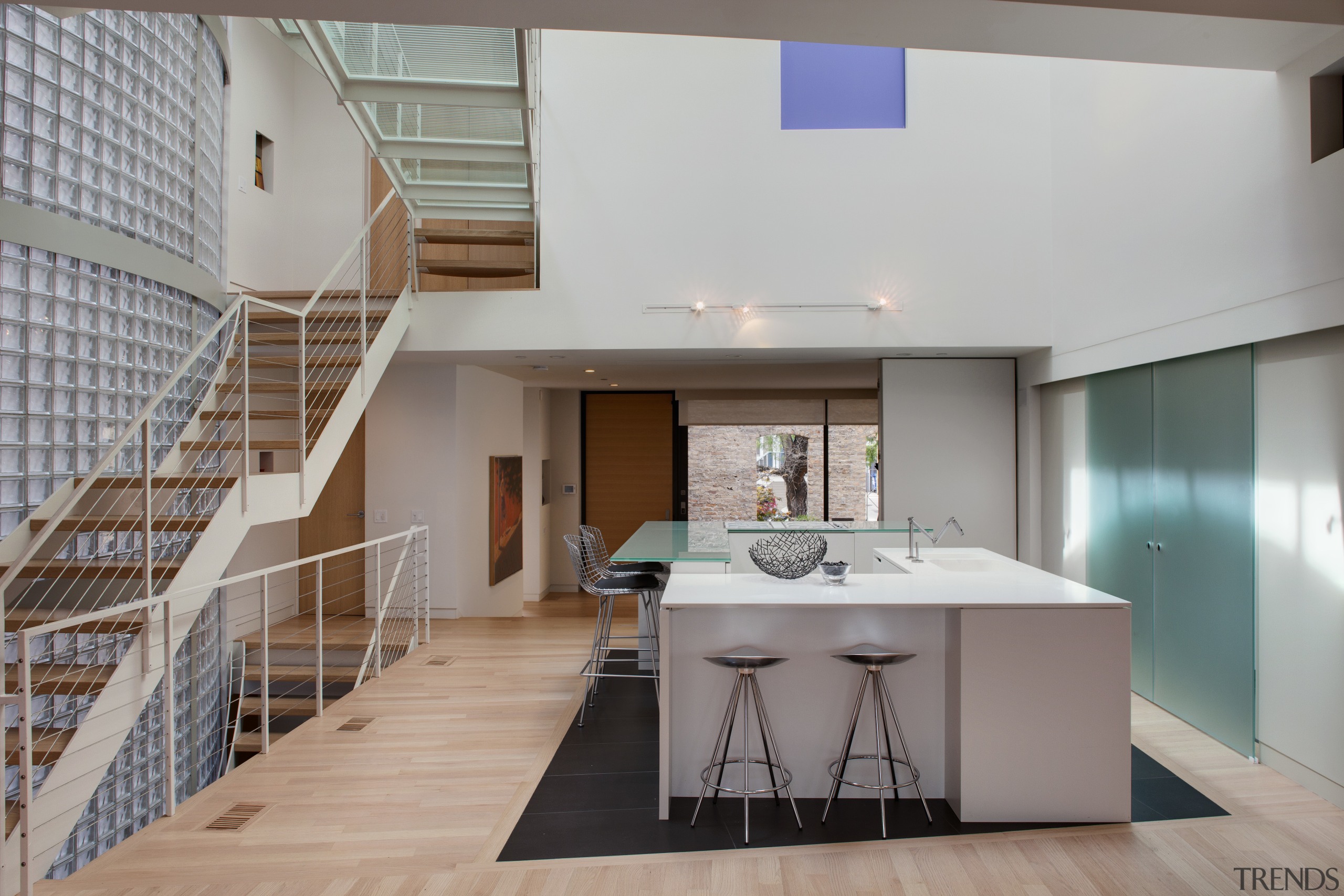 View of contemporary home within a 3-storey atrium apartment, architecture, daylighting, house, interior design, loft, real estate, gray