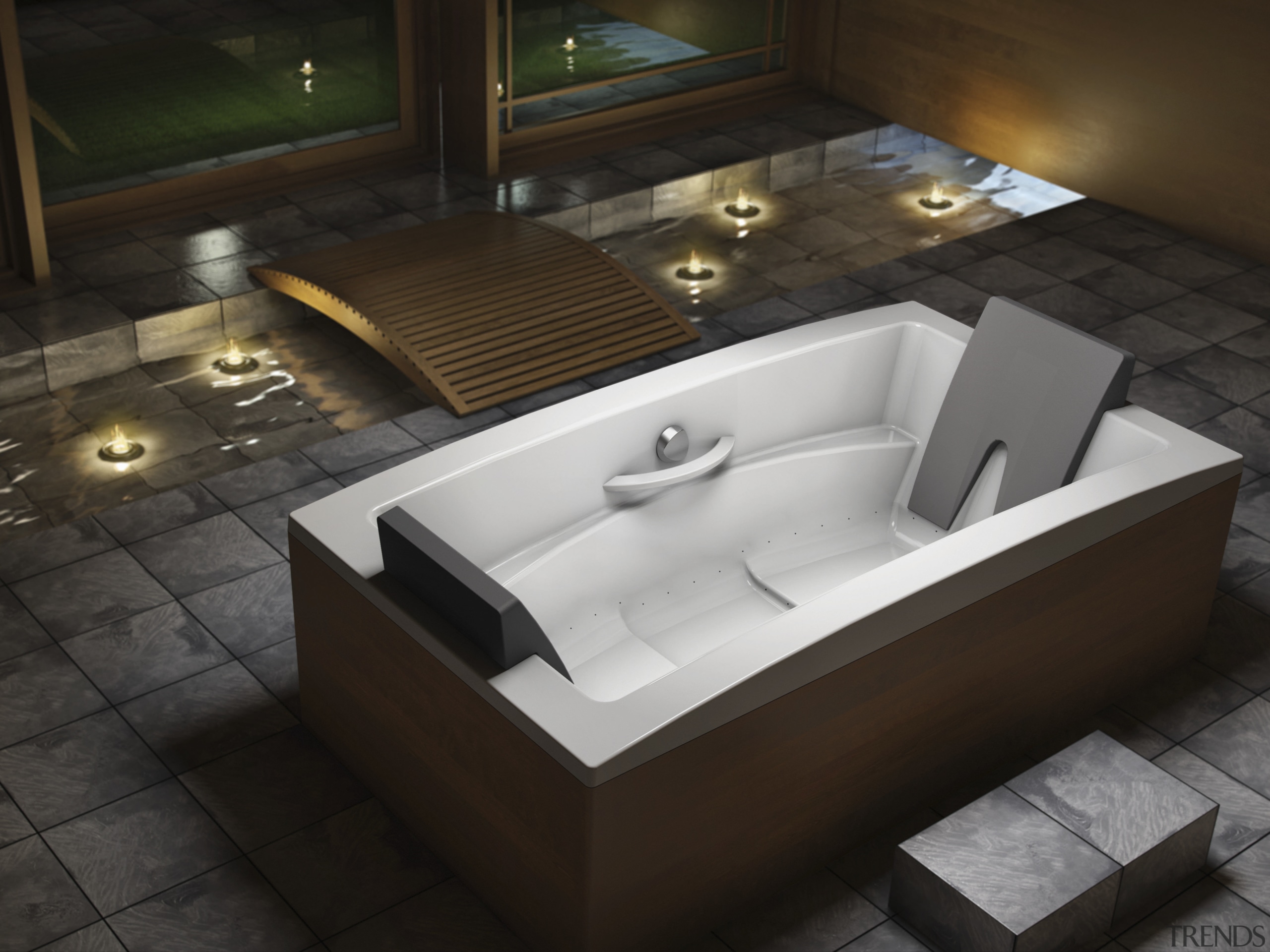 View of contemporary tub. - View of contemporary angle, bathtub, floor, jacuzzi, plumbing fixture, product design, sink, black