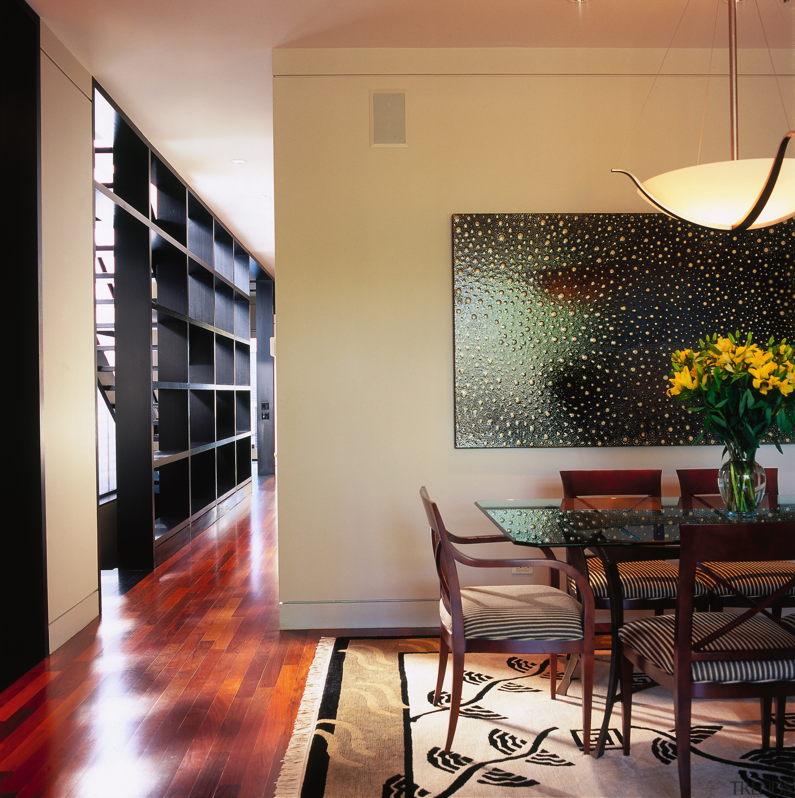 A view of a dining area, wooden flooring, architecture, ceiling, dining room, home, interior design, living room, room, table, wall, window, black, orange