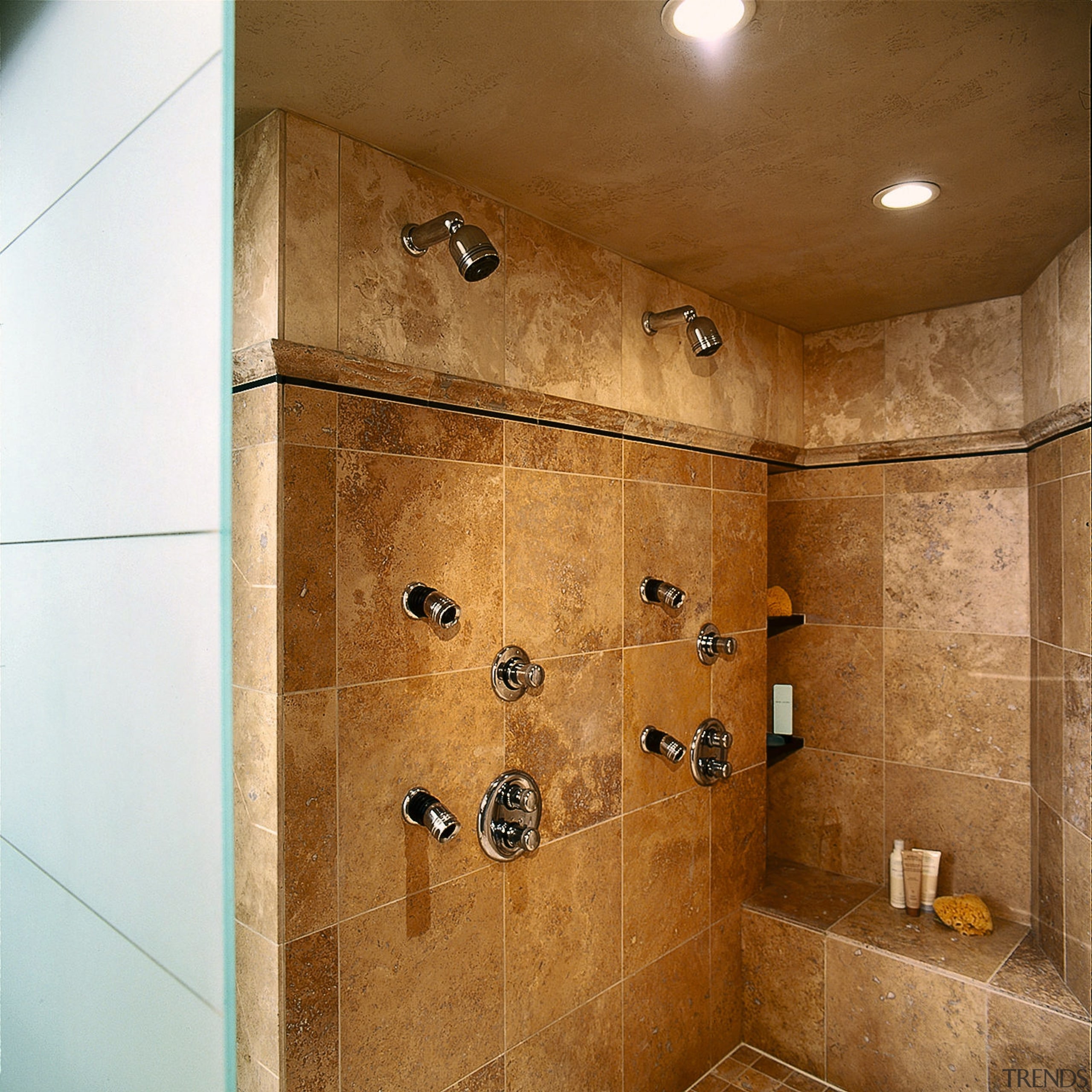 The detail of a shower - The detail bathroom, ceiling, floor, flooring, interior design, plumbing fixture, room, shower, tile, wall, brown