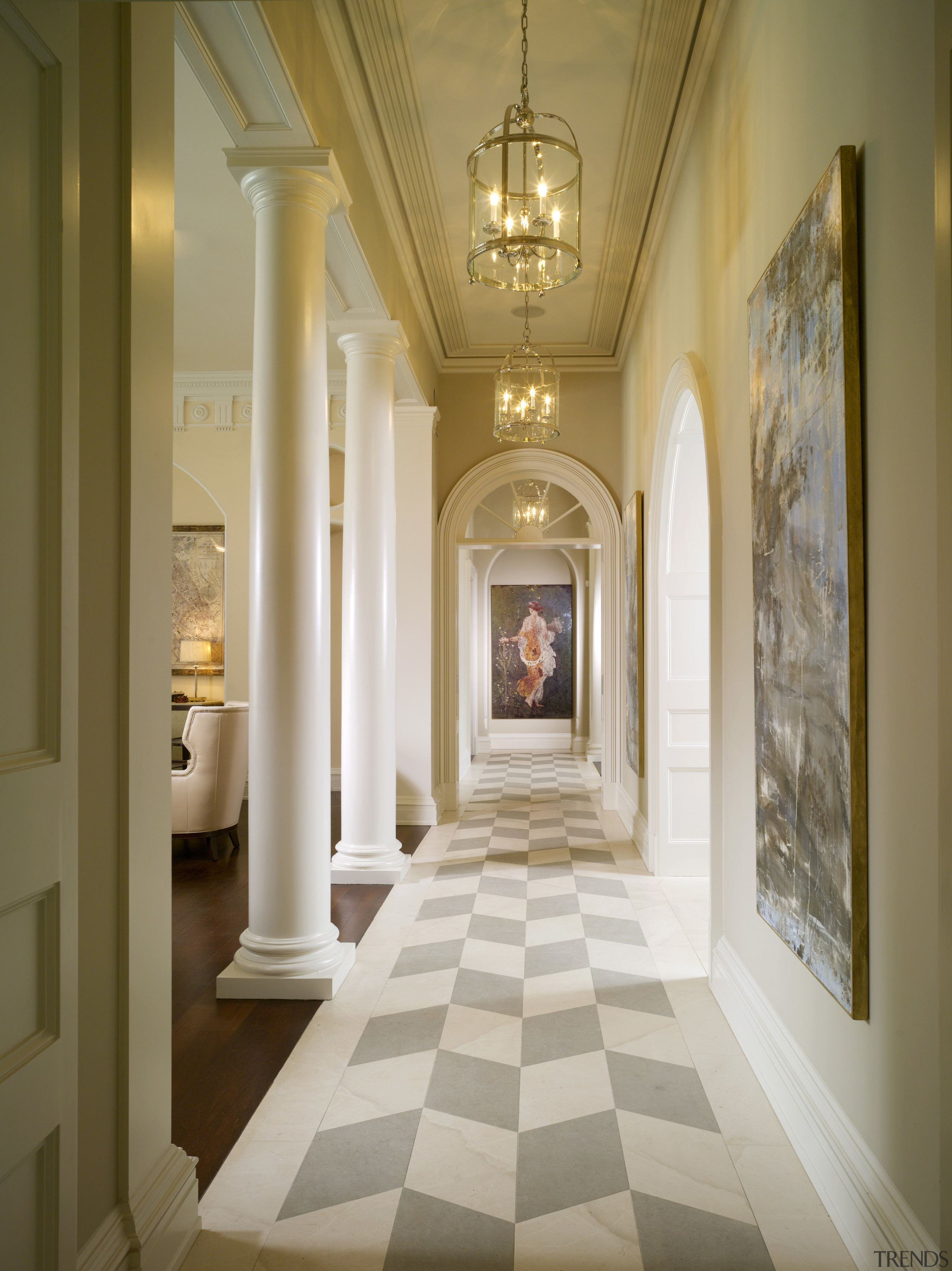 View of a hallway in this Regency-styled home ceiling, column, daylighting, estate, floor, flooring, hall, home, interior design, lighting, lobby, molding, tourist attraction, wall, wood flooring, brown, gray