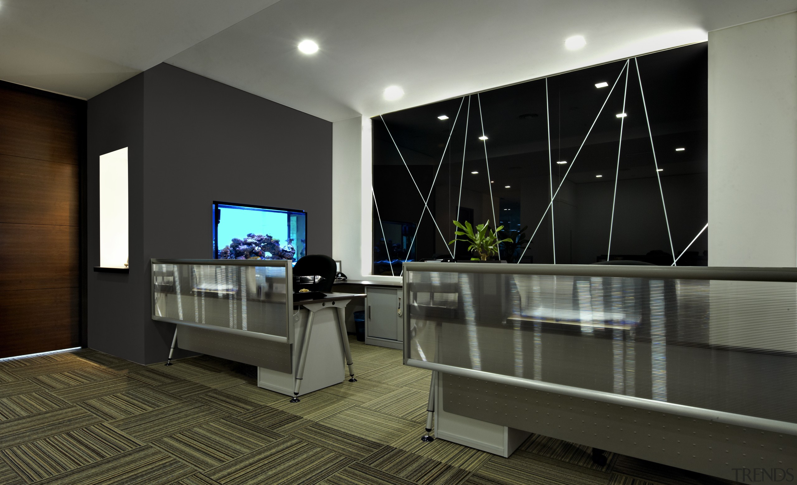 View of the security specialists Nexbis offices, reception ceiling, floor, interior design, living room, room, black, gray