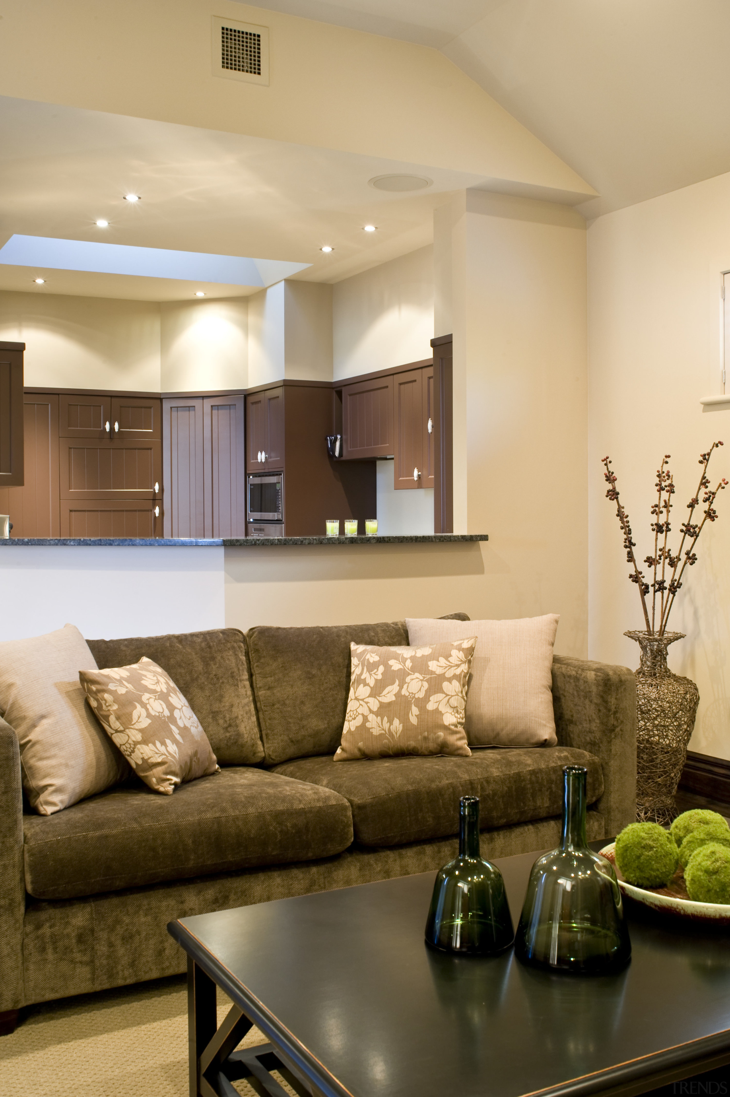 Close up of Lounge &amp; kitchen area - ceiling, home, interior design, lighting, living room, room, wall, orange, brown