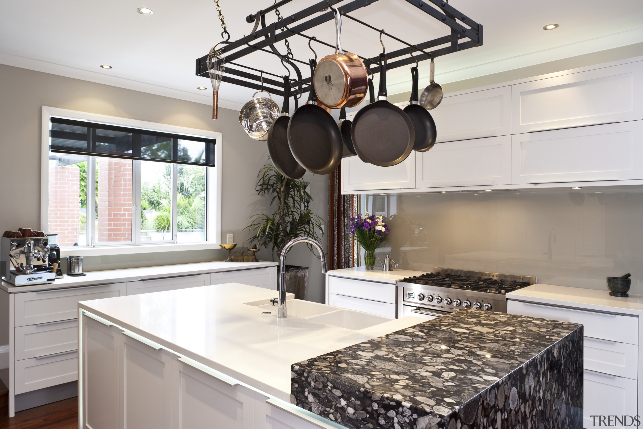 The kitchen features CaesarStone and Nero Marinace granite countertop, interior design, kitchen, room, white