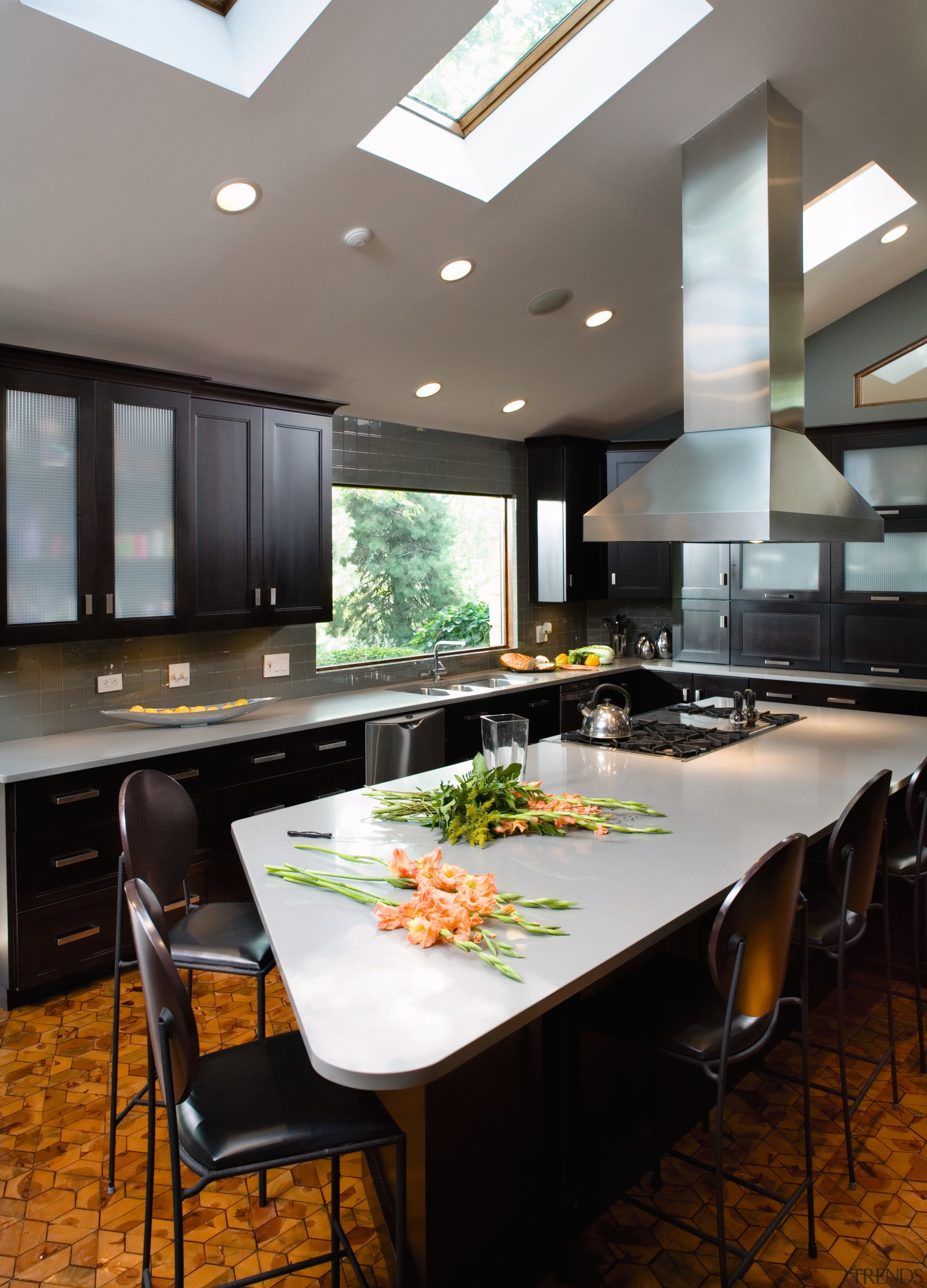 A view of this new Kitchen Designed by ceiling, countertop, dining room, interior design, kitchen, table, gray, black