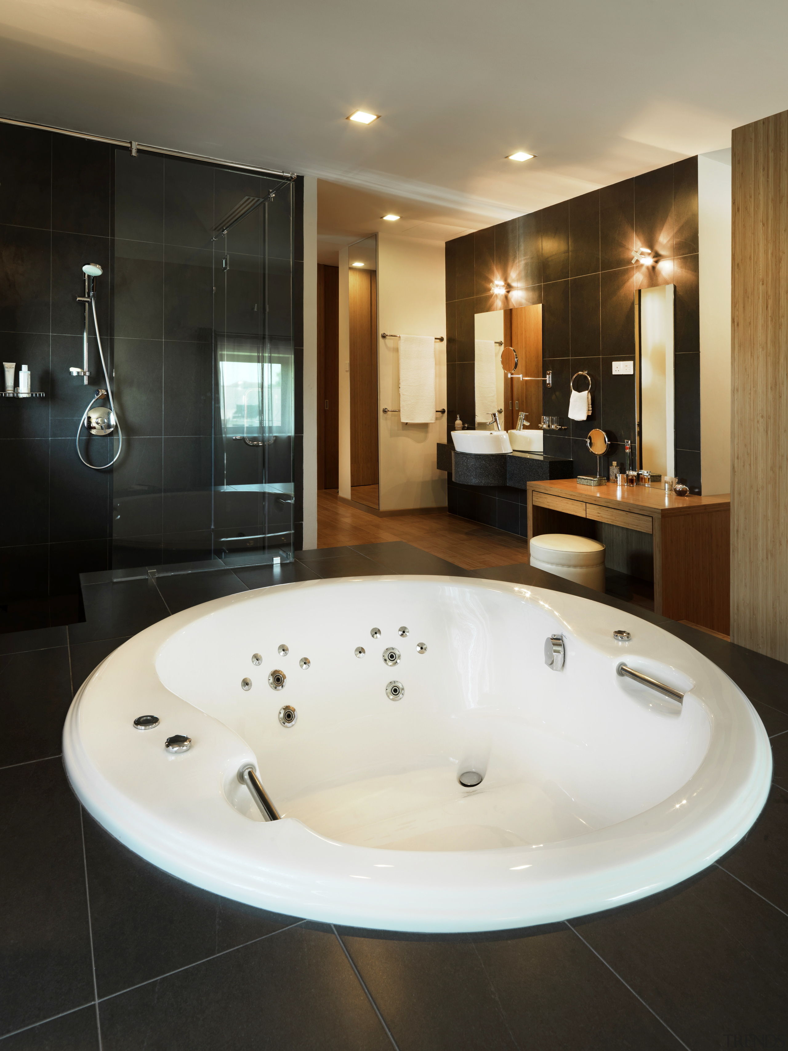 View of contemporary bedroom with wooden flooring and bathroom, bathtub, interior design, jacuzzi, room, black, white