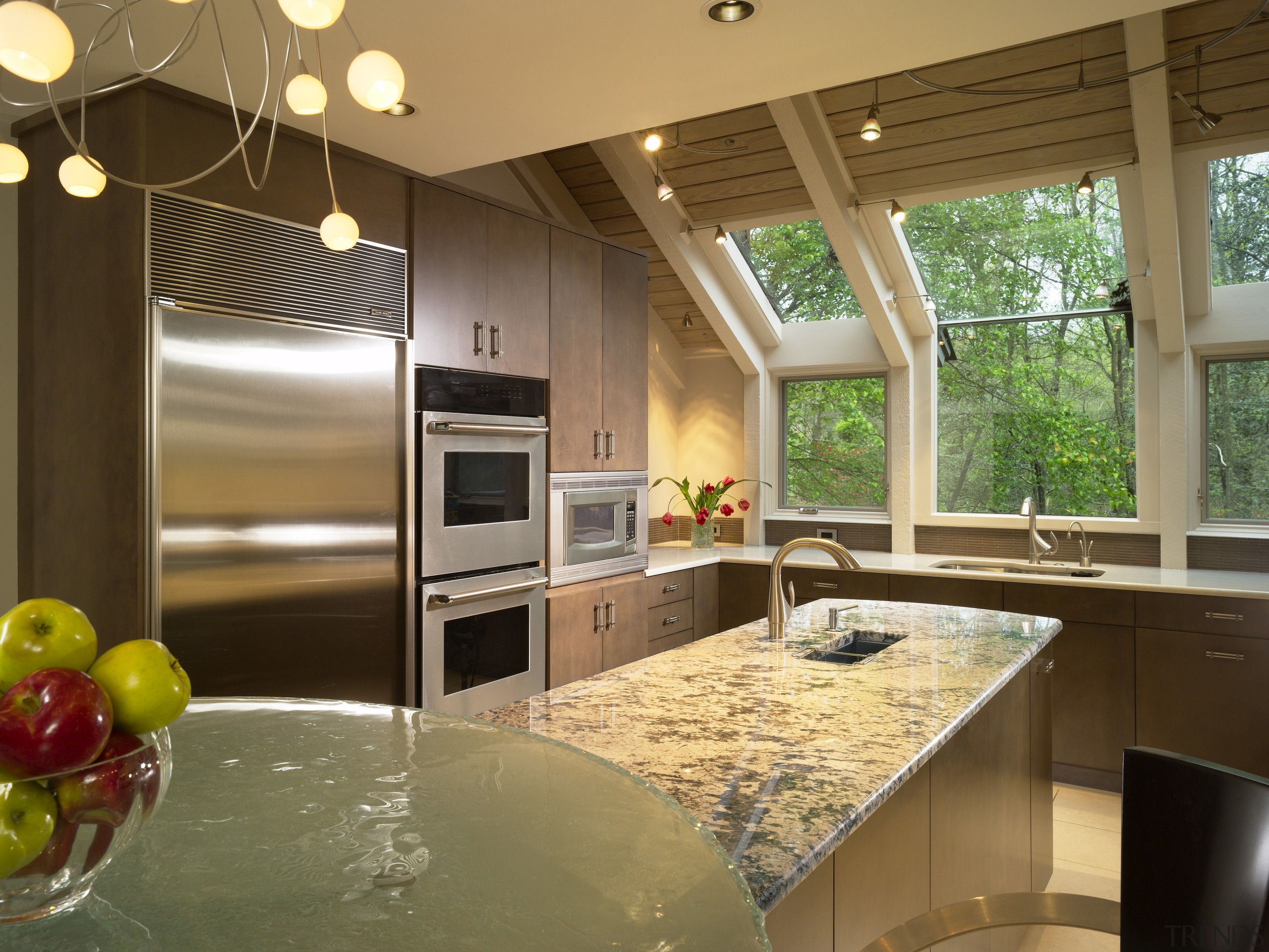 View of kitchen, glass; granite and stone countertops, countertop, interior design, kitchen, real estate, window, brown