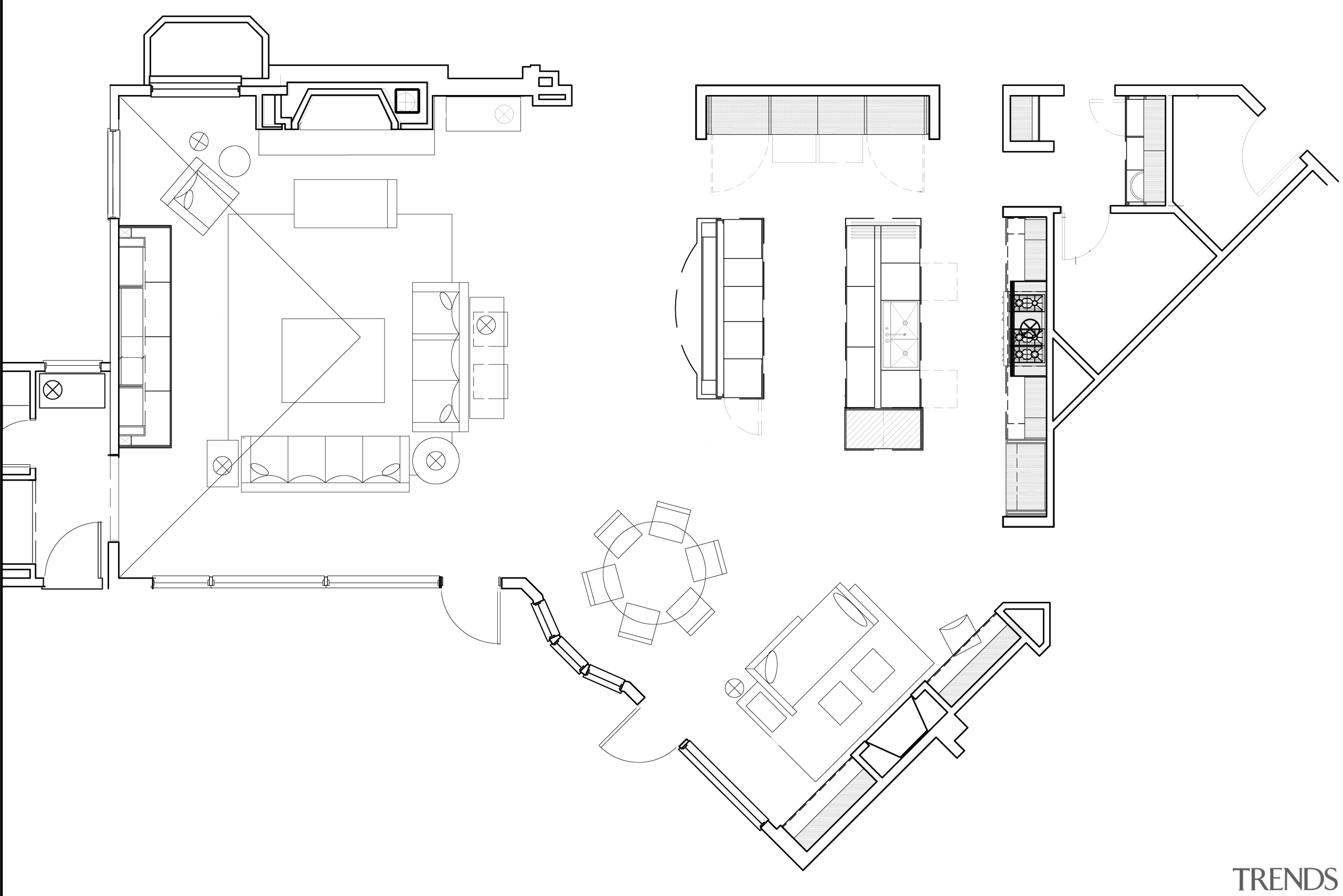 This kitchen combines easy pedestrian flow with a angle, architecture, area, artwork, black and white, design, diagram, drawing, floor plan, line, plan, product, product design, structure, technical drawing, white