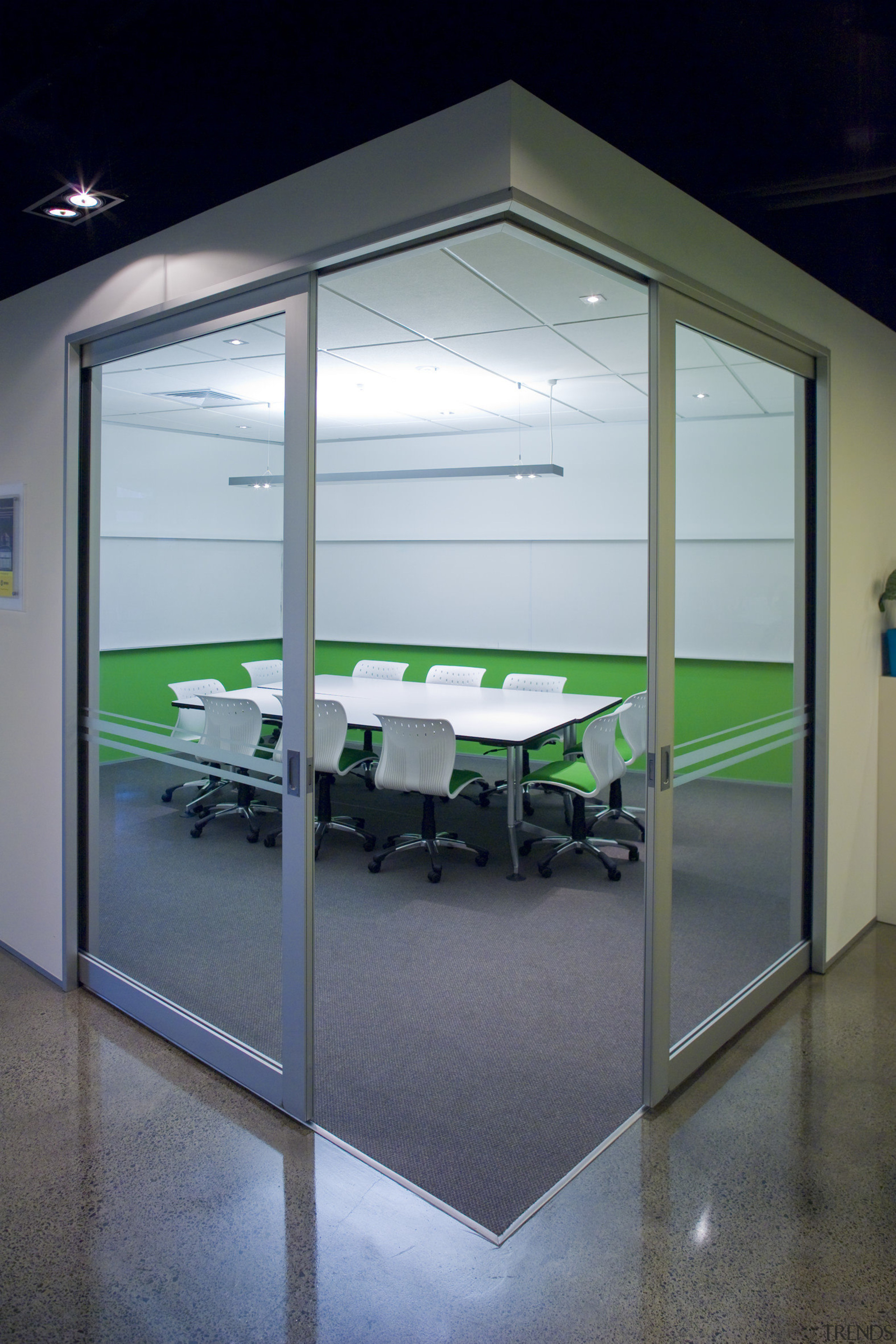 Interior view of offices which features glass cavity architecture, door, glass, office, window, gray, black