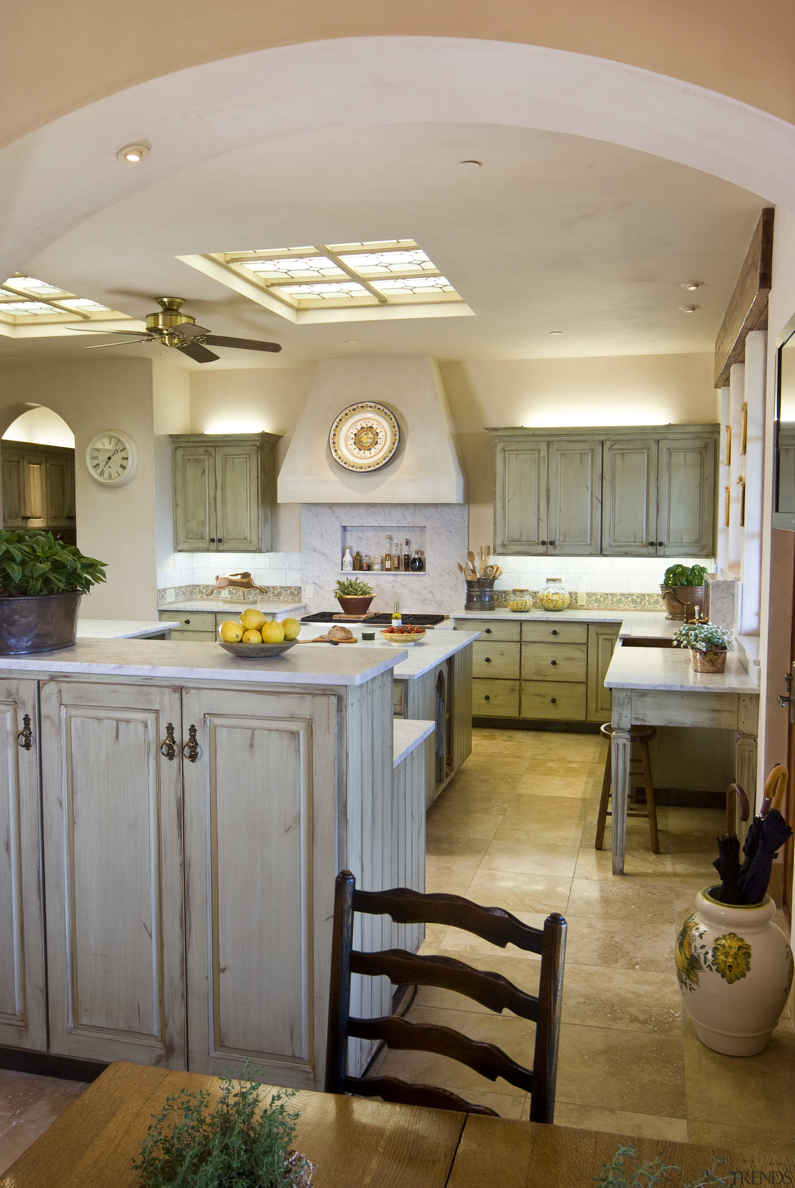 Architect Neil Peoples AIA. Tuscan inspired kitchen. Traditional cabinetry, ceiling, countertop, cuisine classique, floor, home, interior design, kitchen, living room, room, gray, brown