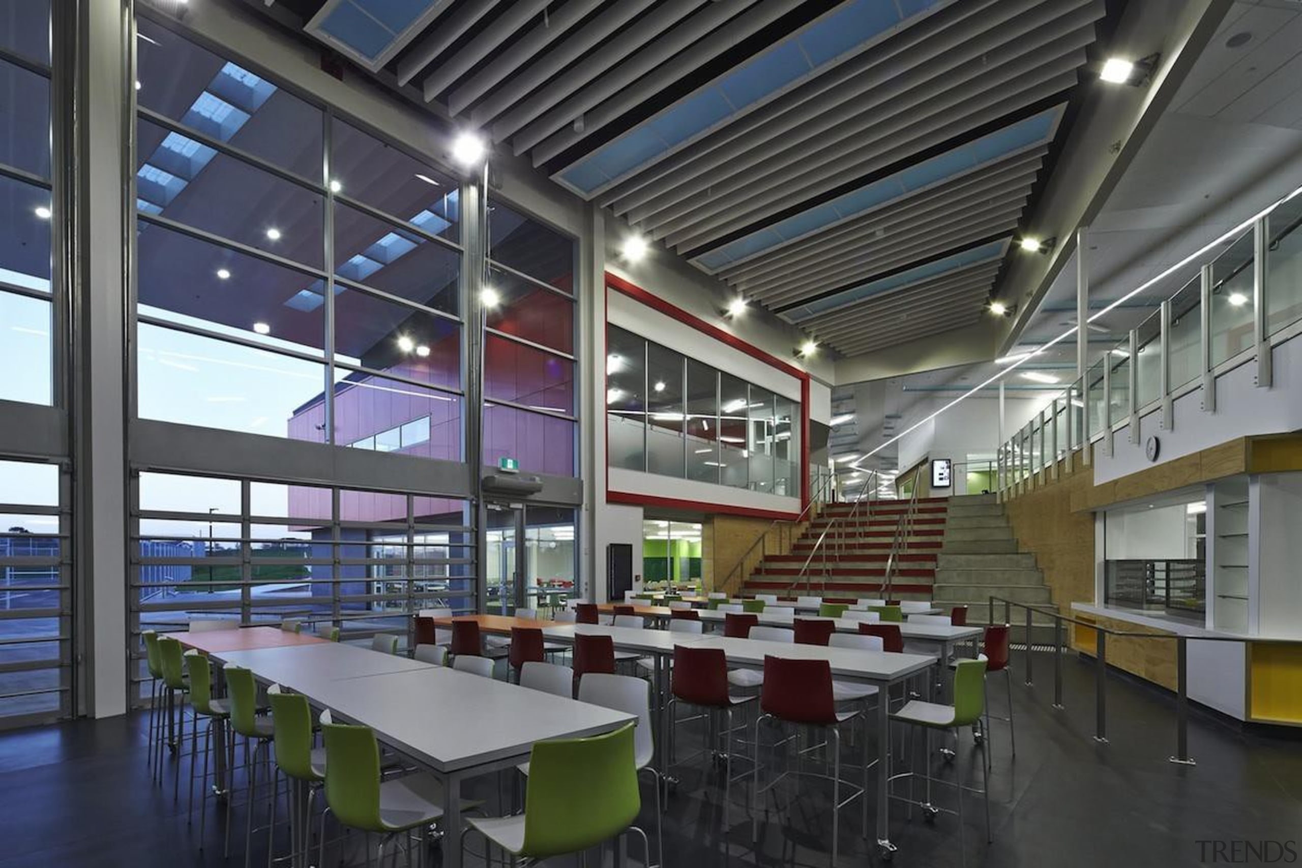 MAESTRO EDUCATION SENIOR AWARD  Bold colour choices architecture, cafeteria, ceiling, daylighting, institution, interior design, leisure centre, mixed use, black, gray