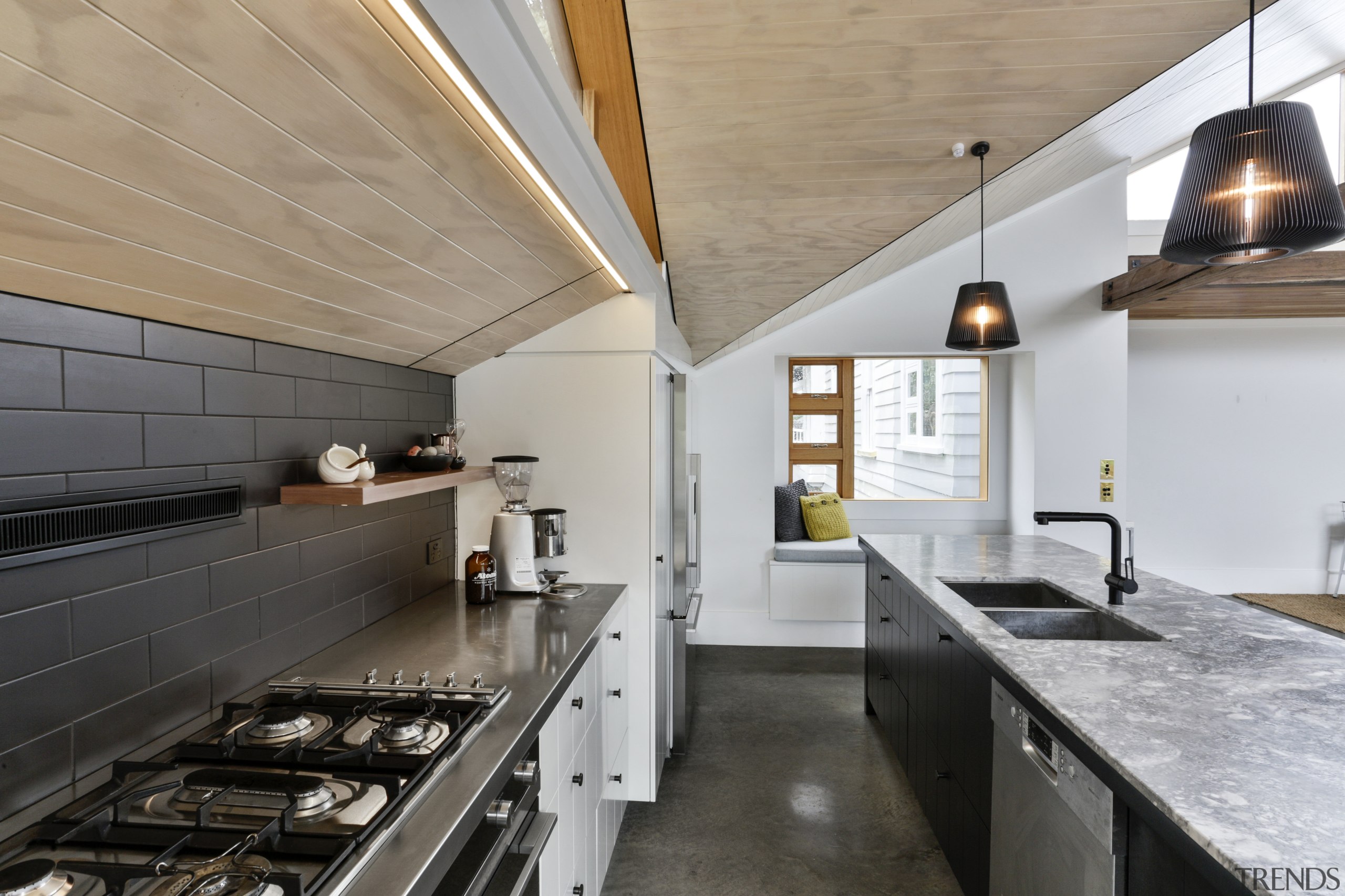 A stainless steel benchtop provides a low maintenance, countertop, interior design, kitchen, real estate, gray