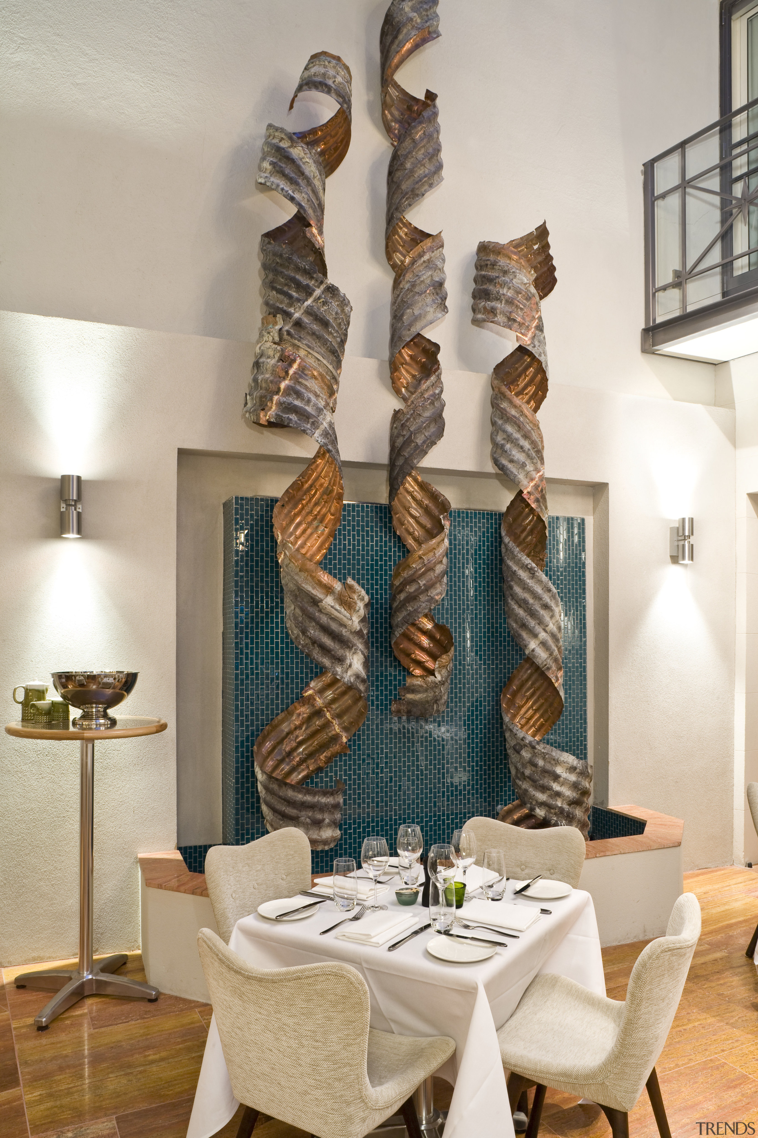 View of the dining area with tables and dining room, furniture, home, interior design, living room, room, table, wall, gray