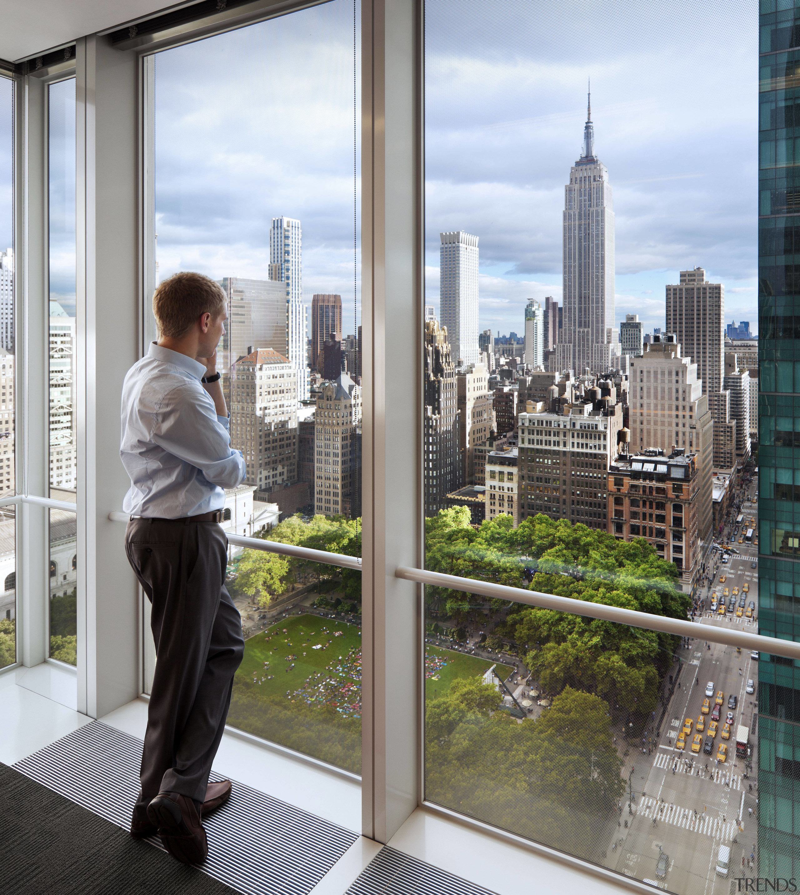 Interior view of windows overlooking Manhattan in the building, city, condominium, glass, reflection, skyscraper, tower block, urban area, window, gray, white