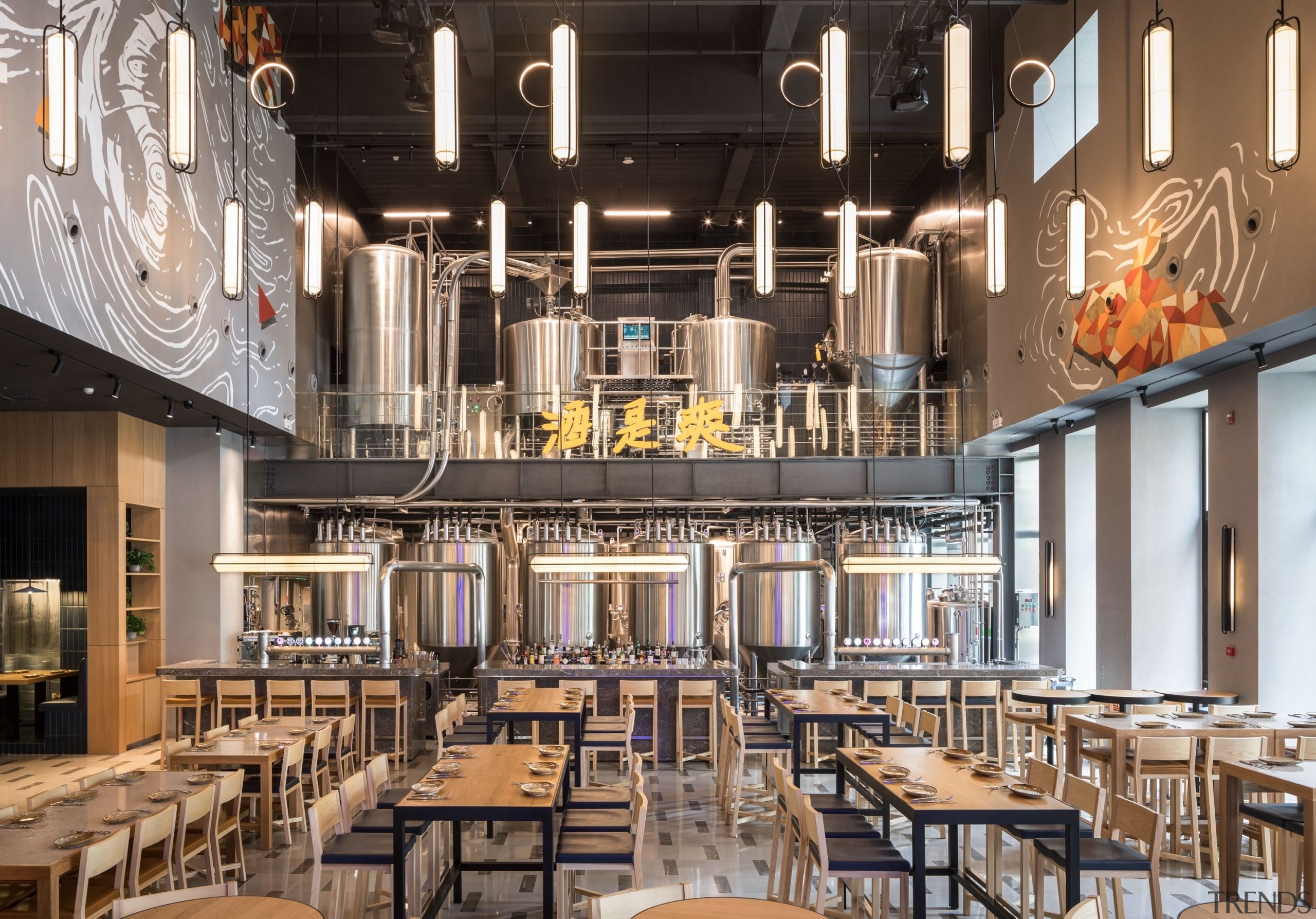 With its grand 10m-high ceiling, the double-height brewery architecture, building, cafeteria, ceiling, furniture, interior design, restaurant, room, black