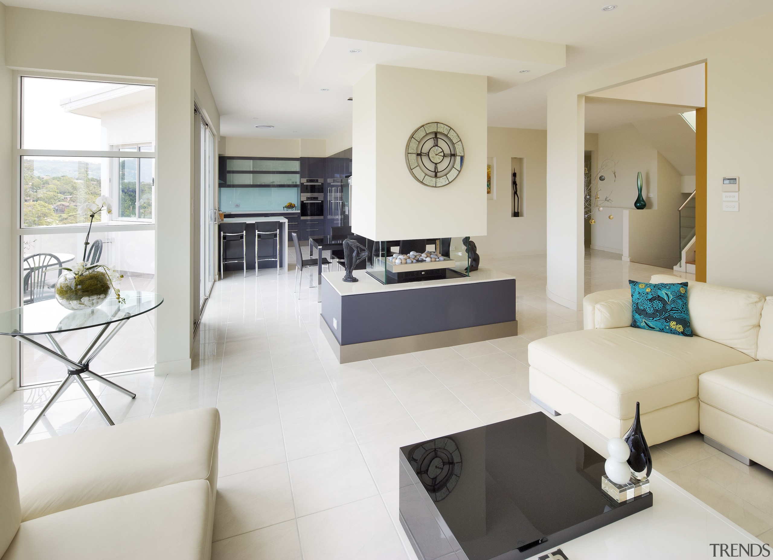 View of living area which features sofas, tiled floor, home, interior design, living room, property, real estate, room, white