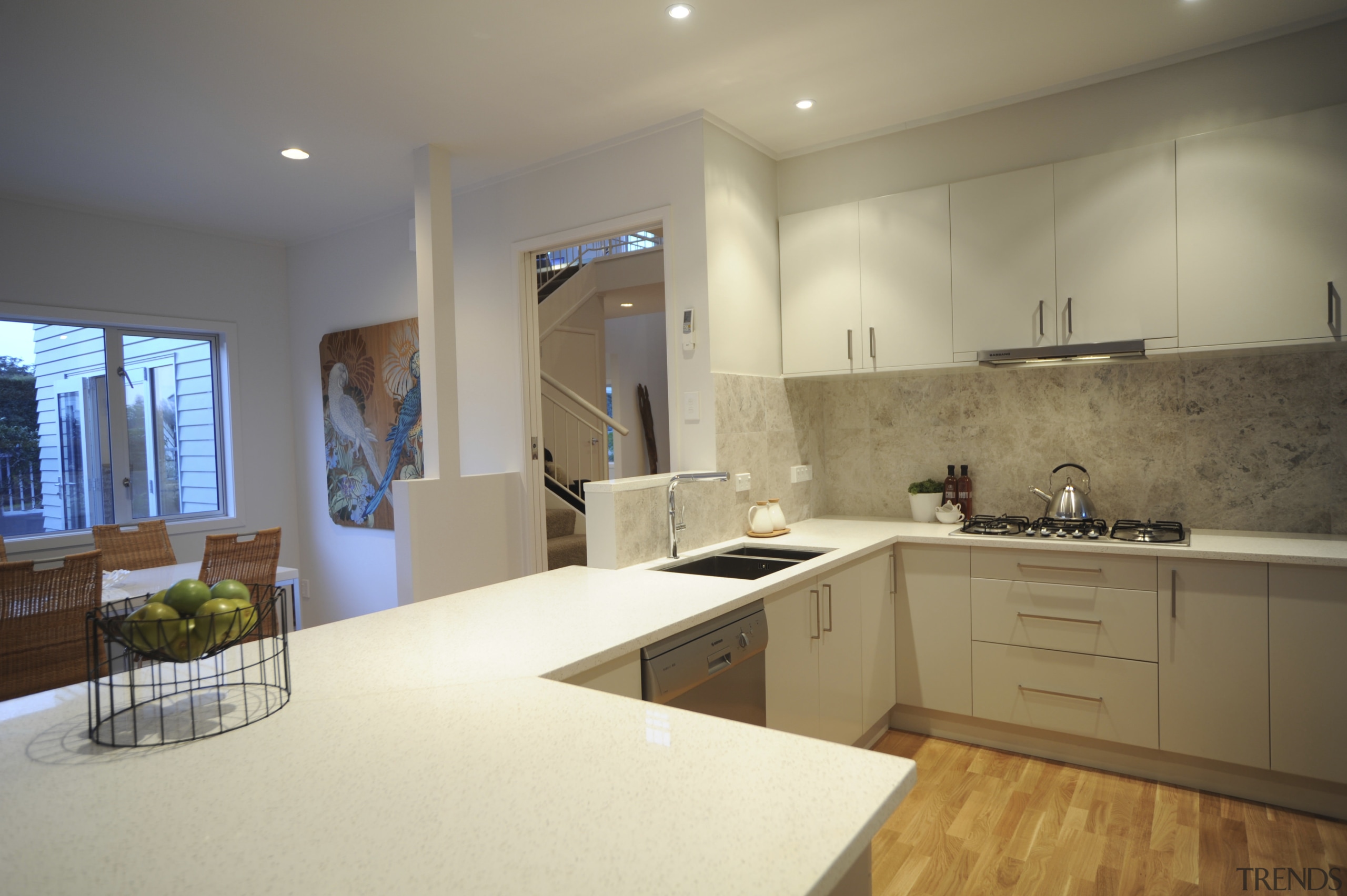 Kitchen view into hall/dining area. - Kitchen view cabinetry, countertop, cuisine classique, estate, home, interior design, kitchen, property, real estate, room, orange, brown, gray