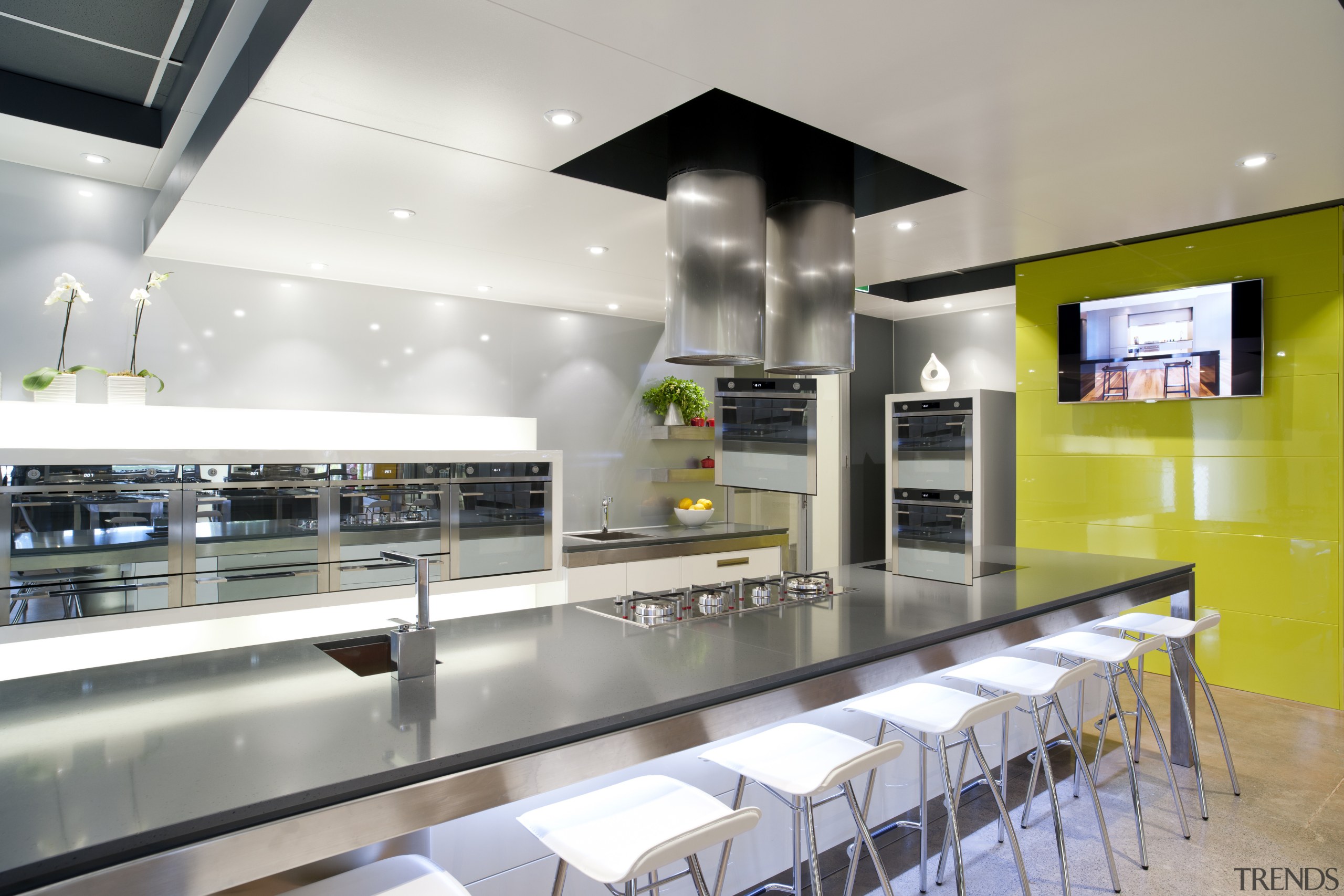 View of kitchen with Smeg appliances and feature countertop, interior design, kitchen, real estate, gray