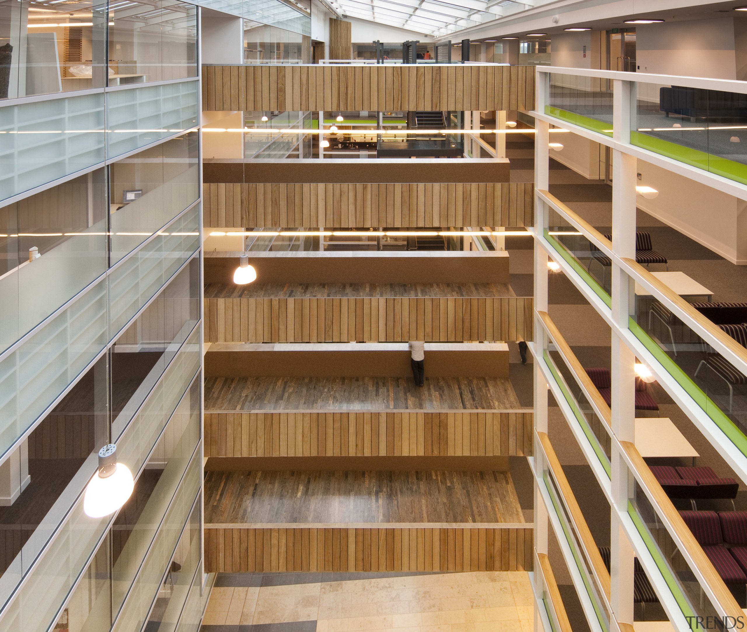 Rider Levett Bucknall Wellington worked with Mainzeal for floor, flooring, hardwood, stairs, wood, brown, gray