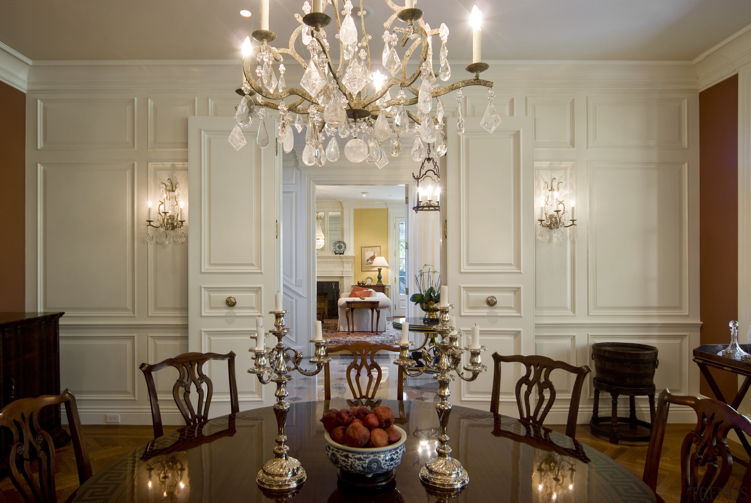 View of dining area with light feature. - ceiling, chandelier, dining room, function hall, furniture, home, interior design, light fixture, living room, room, table, window, brown, gray