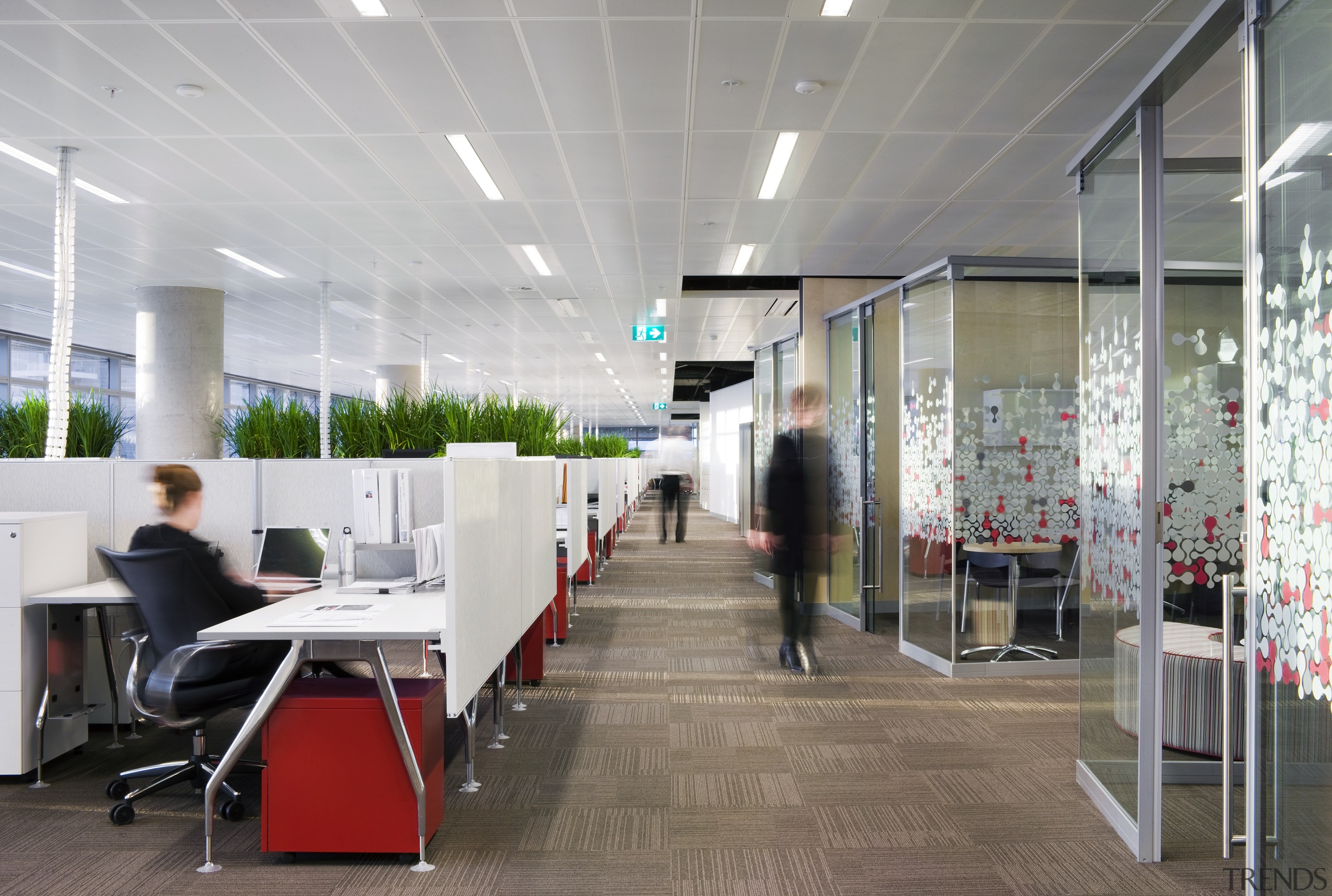 Interior view of Fujitsu offices which features glass ceiling, interior design, office, gray