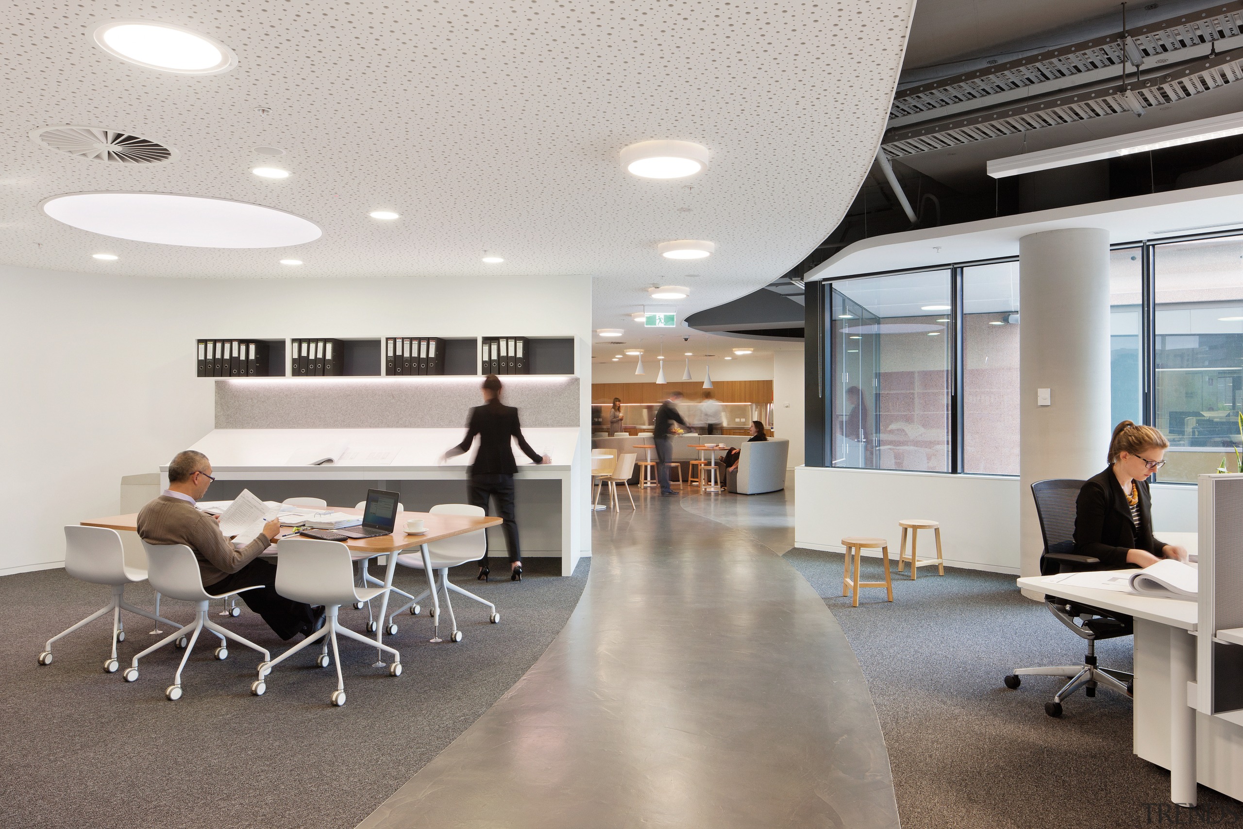 The mobius circulation pathway through the Brookfield Multiplex ceiling, floor, furniture, institution, interior design, office, product design, gray