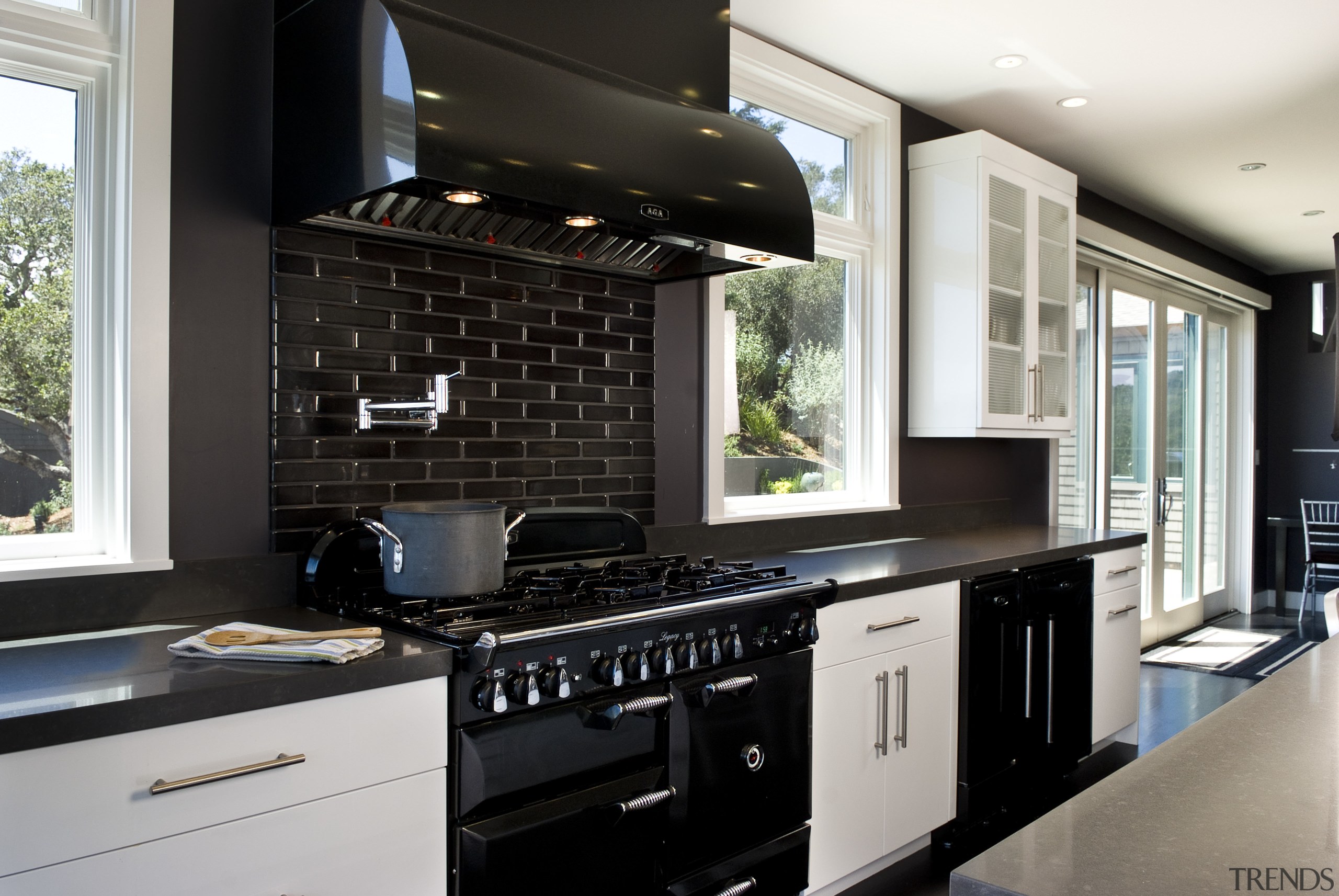 Euro style cabinetry doors. Dark quartzite counter tops. countertop, home appliance, interior design, kitchen, black, white