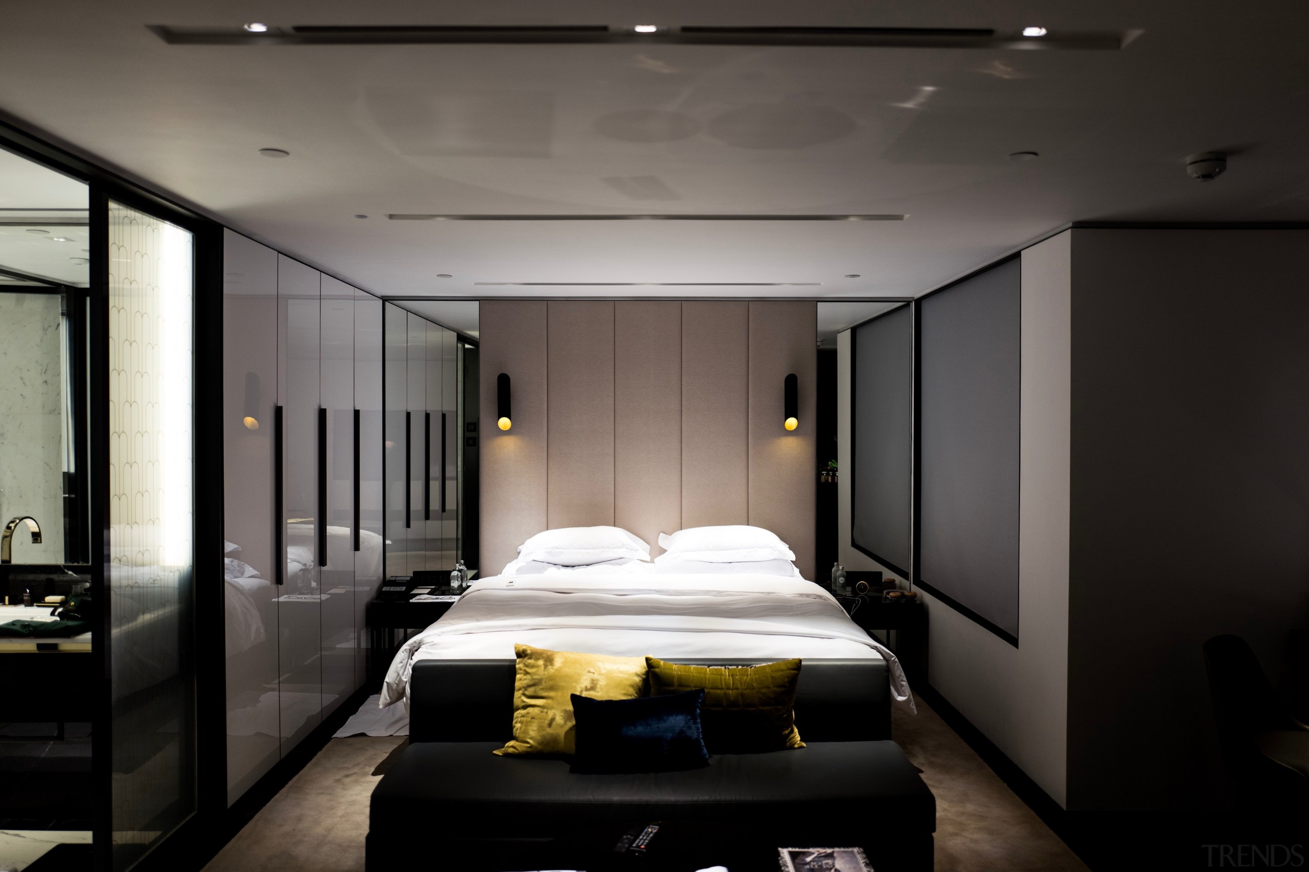 While going all grey is bang on trend, architecture, bed, bed frame, bedroom, boutique hotel, building, ceiling, floor, furniture, house, interior design, lighting, mattress, property, room, suite, black, gray